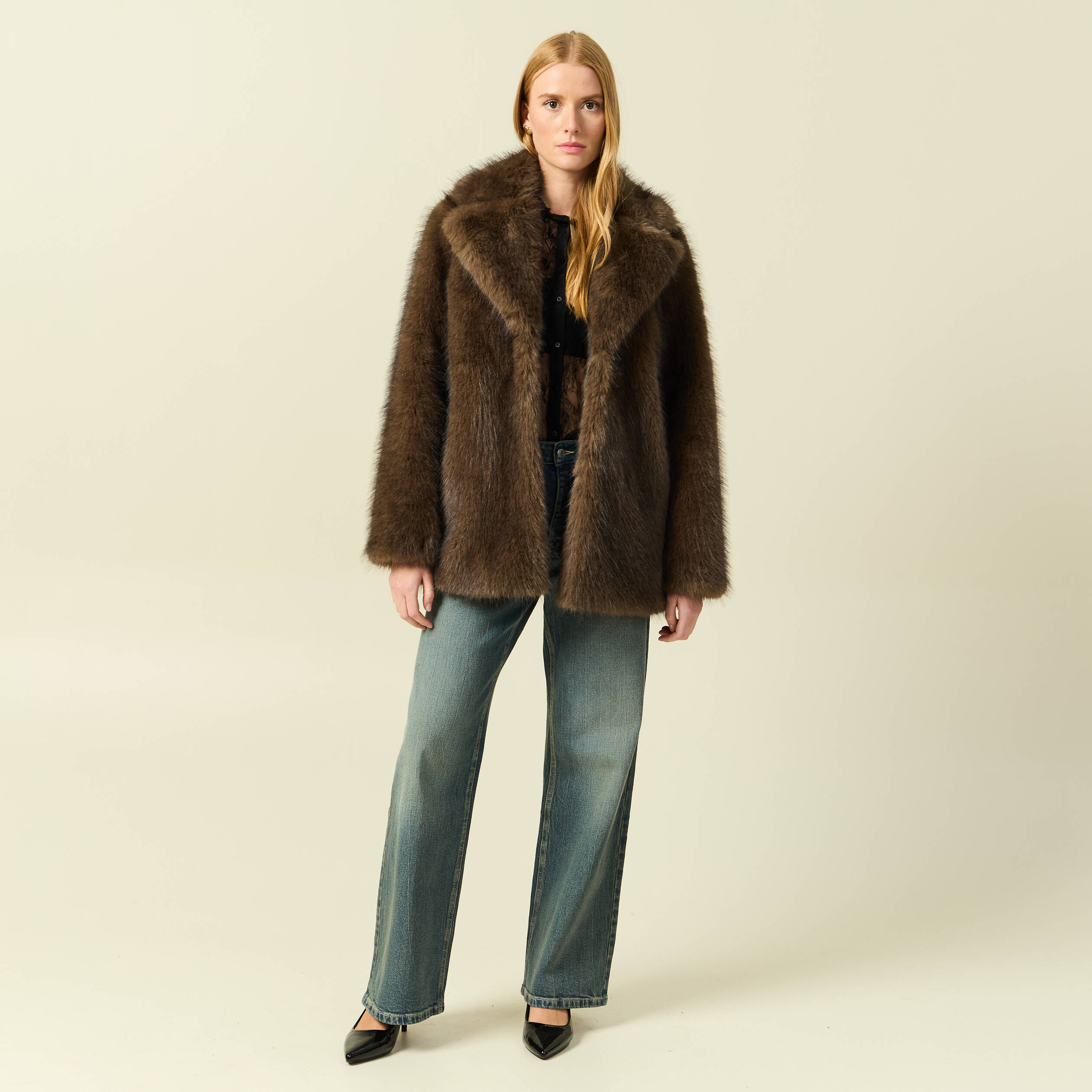 Manteau manches longues doubl&eacute; marron femme