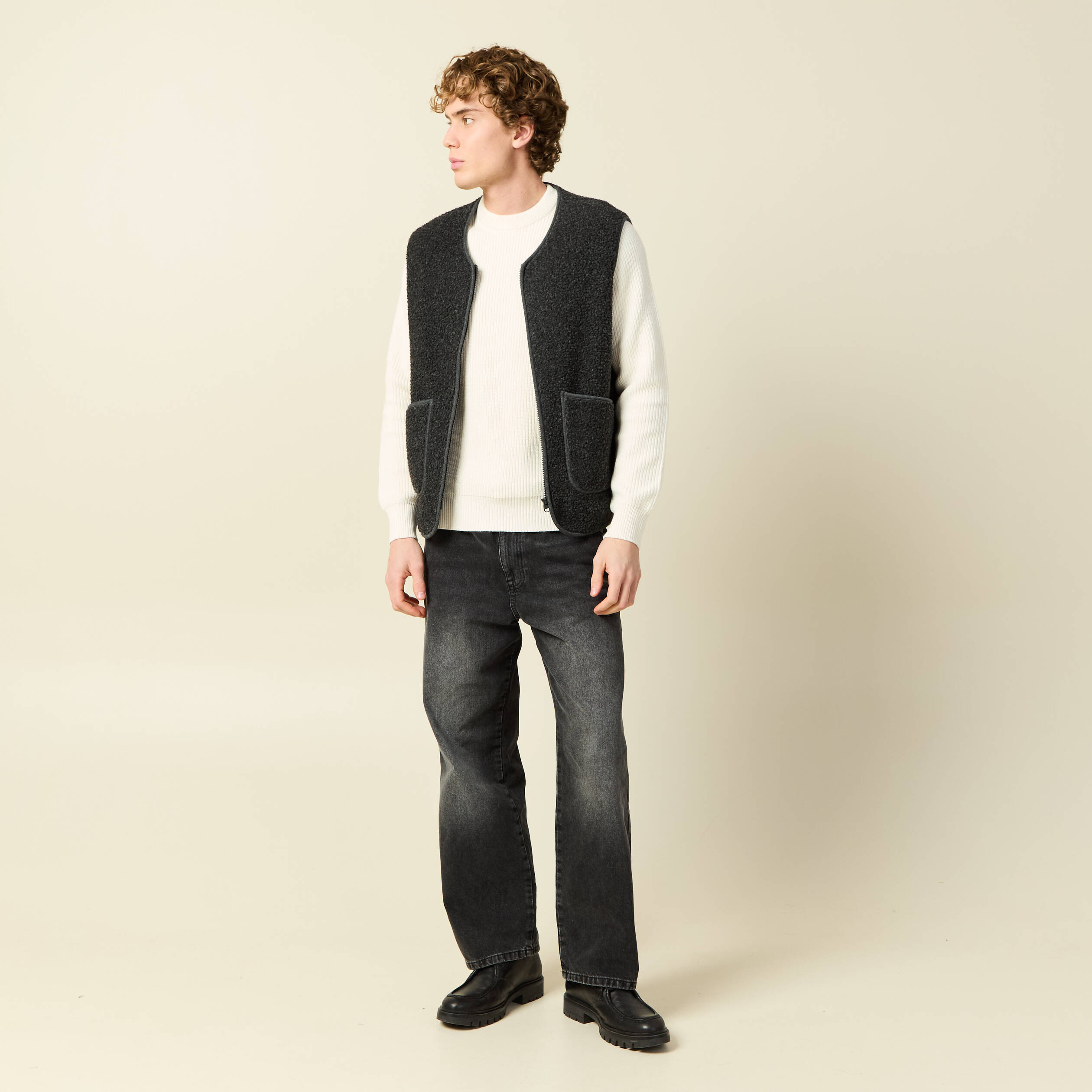 Pull fin manches longues col rond ecru homme