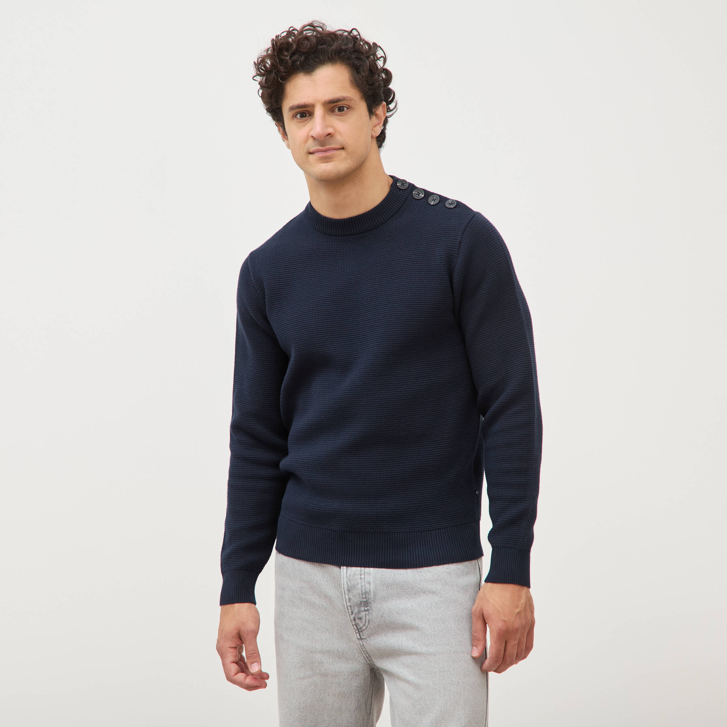 Pull manches longues col rond bleu marine homme