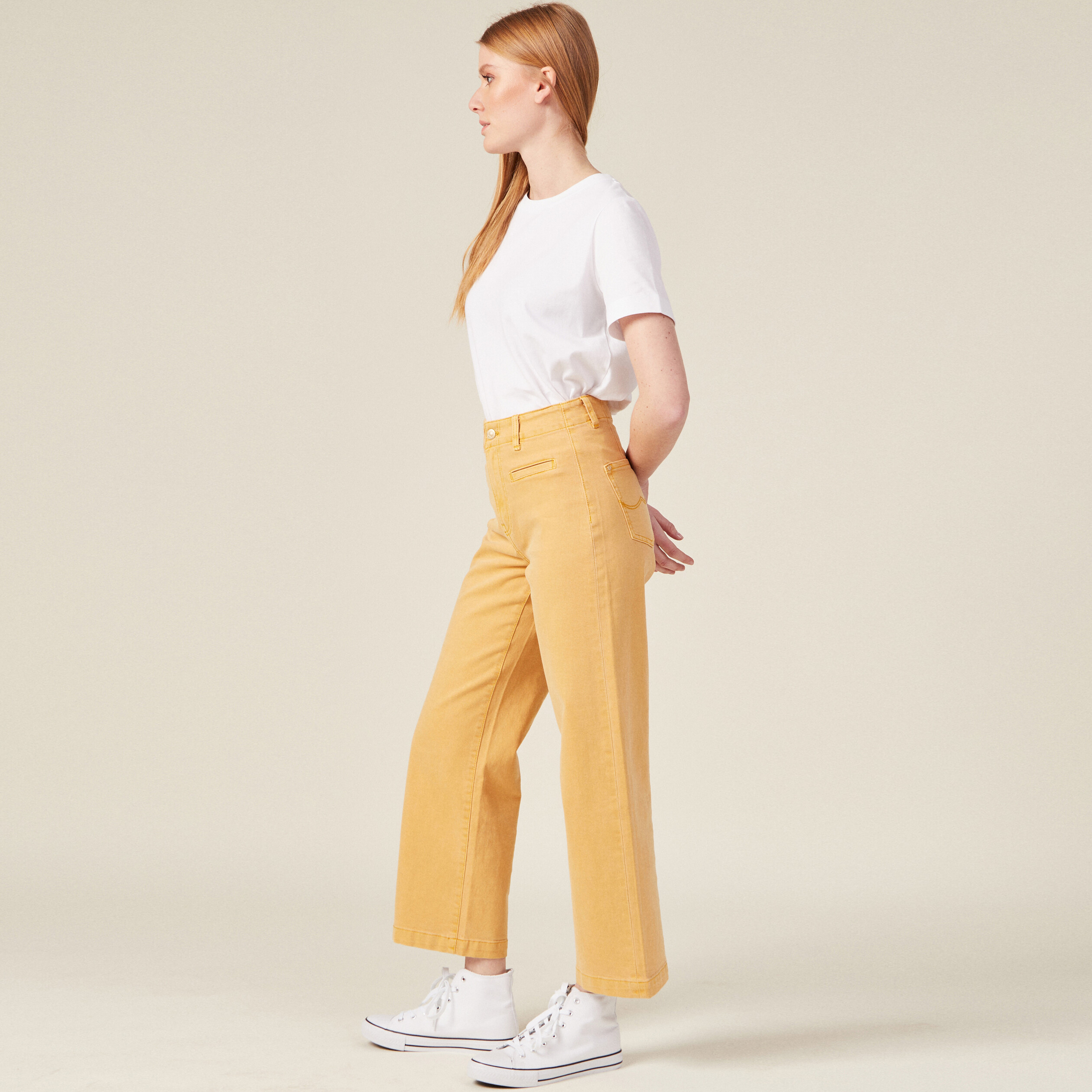 Pantalon large taille haute jaune femme