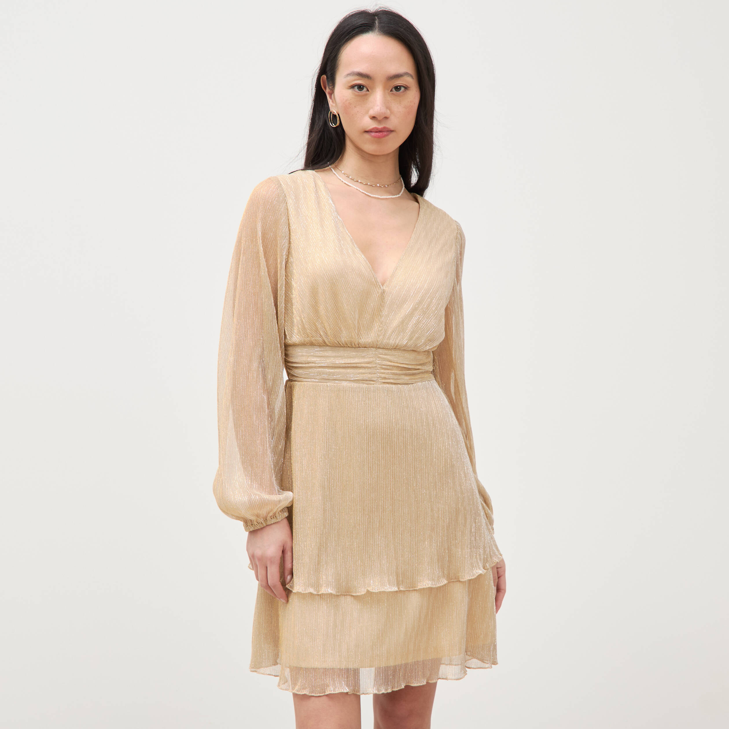 Robe manches longues doubl&eacute;e beige femme