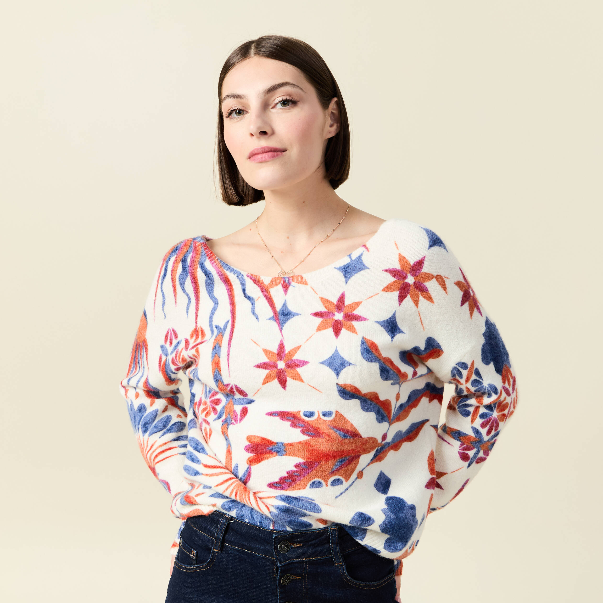 Pull col rond manches longues ecru femme