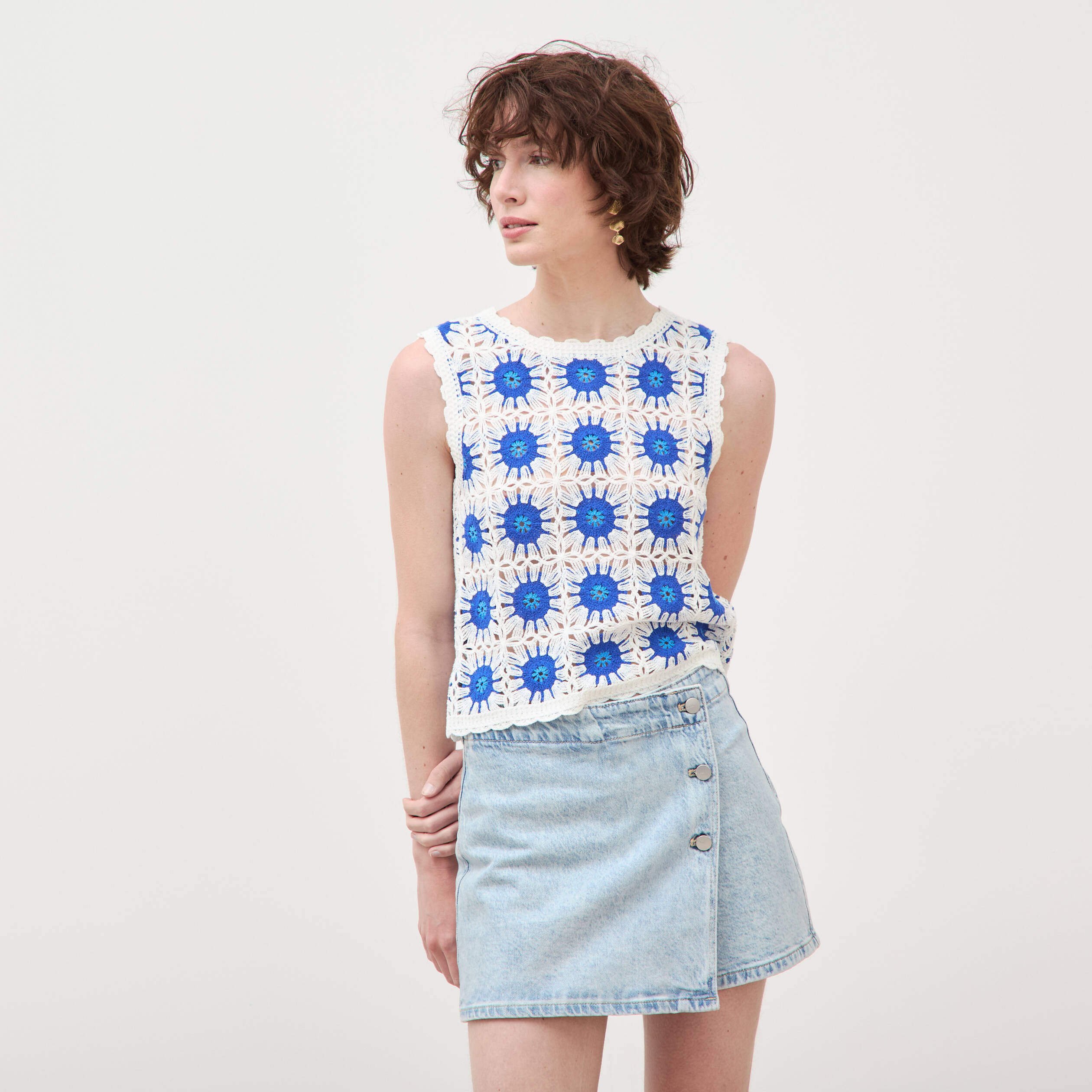 Jupe-short taille haute en jeans denim snow bleu femme