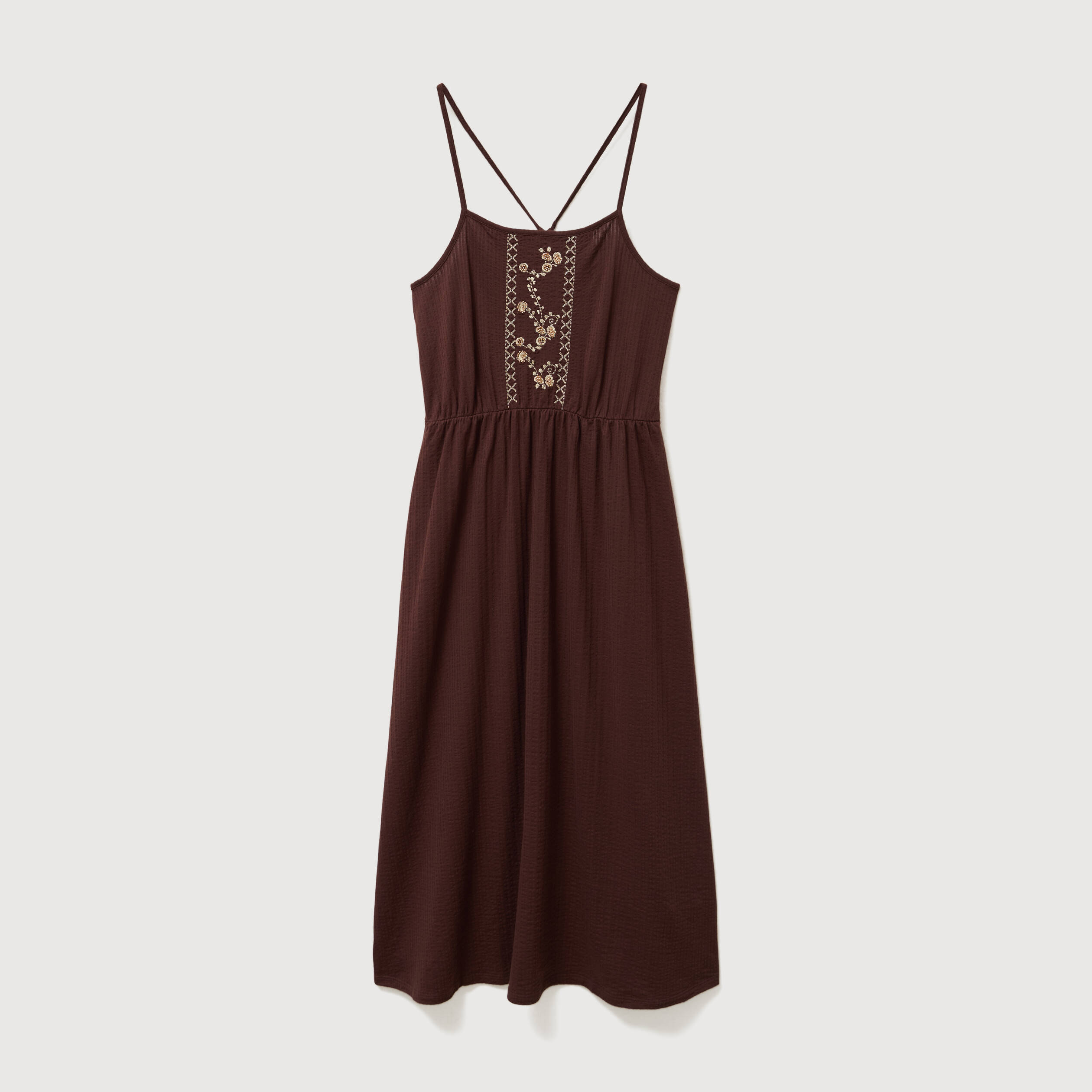 Robe bretelle col carr&eacute; en coton marron fonc&eacute; femme