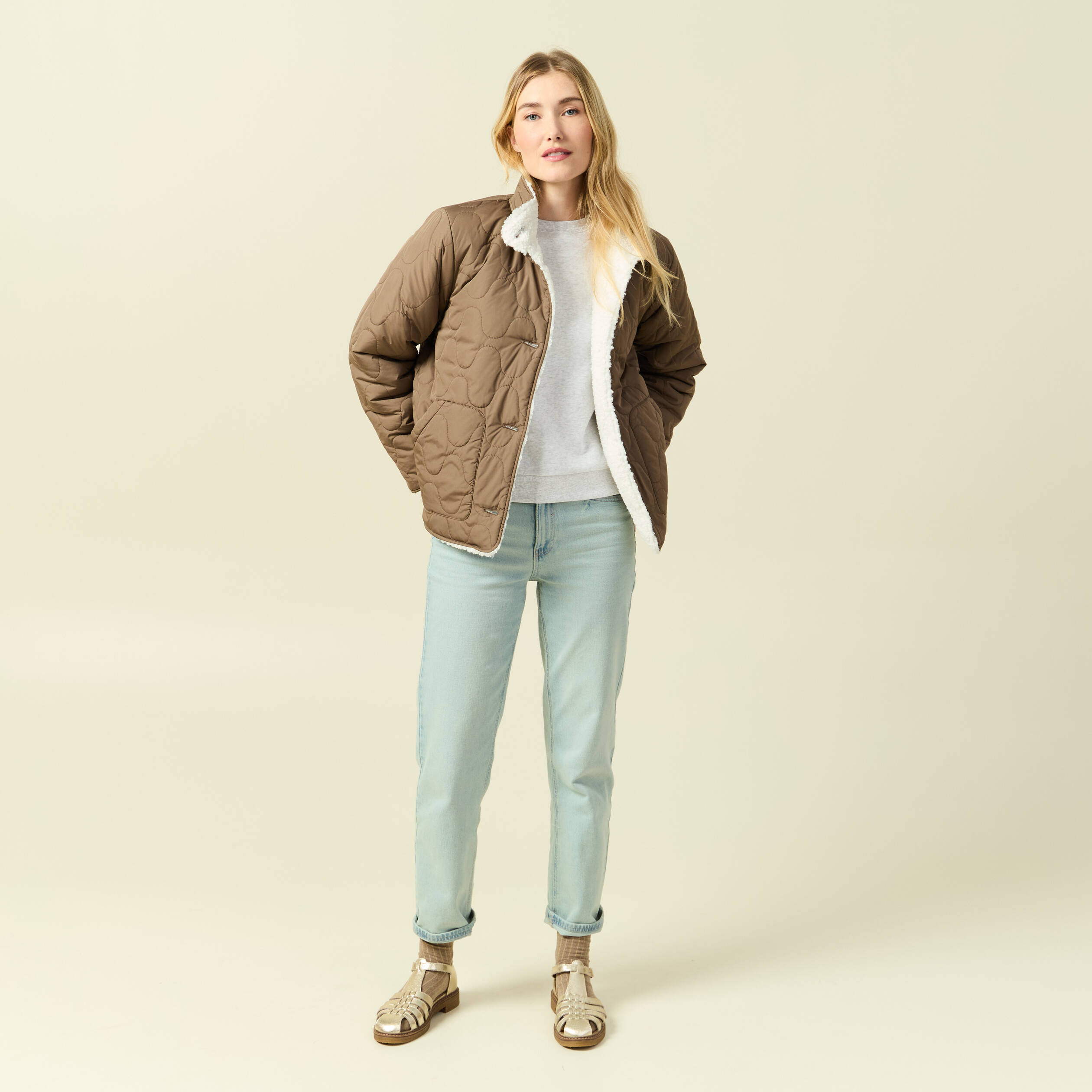 Parka courte droite effet polaire marron clair femme