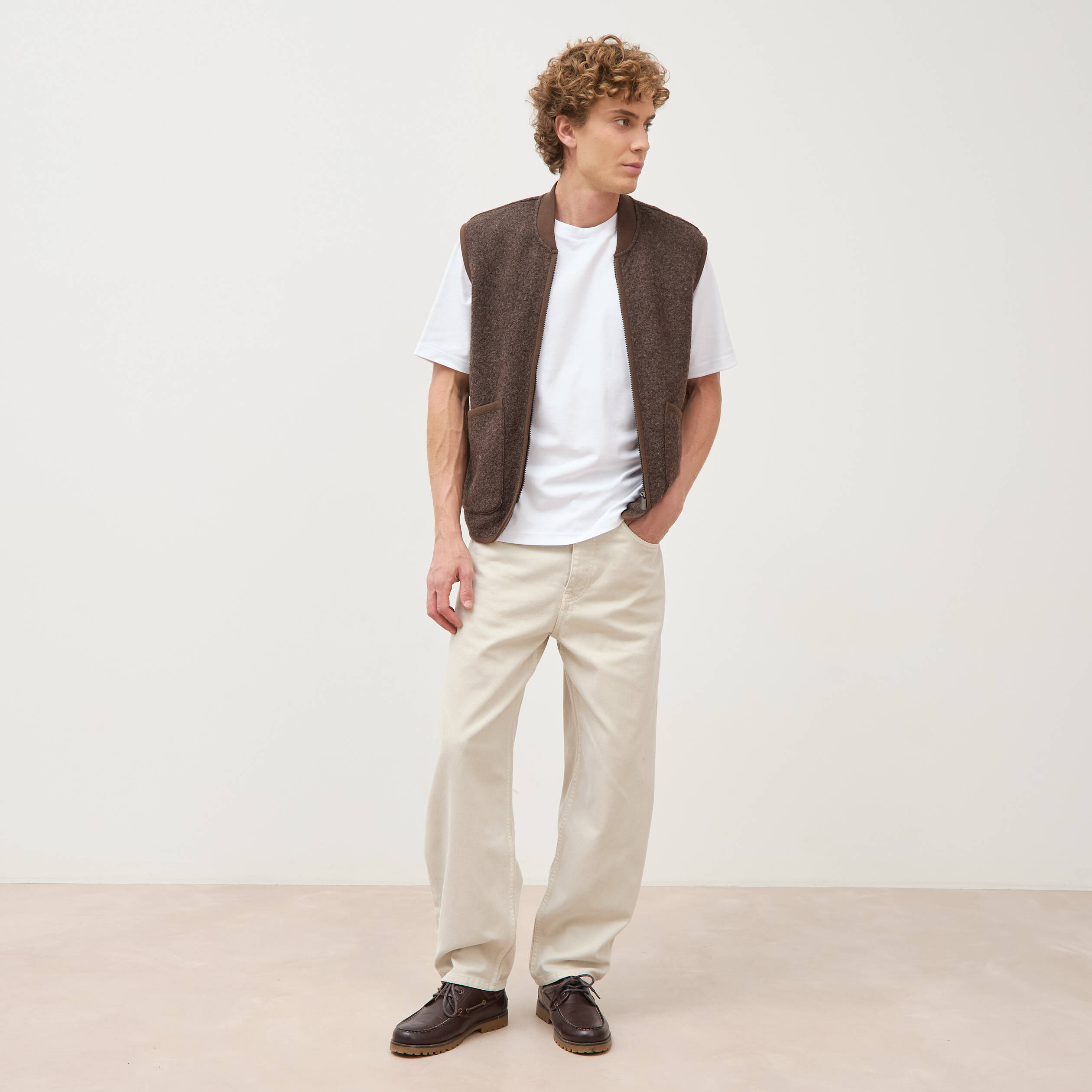 Jeans large longueur 32 en coton denim beige homme