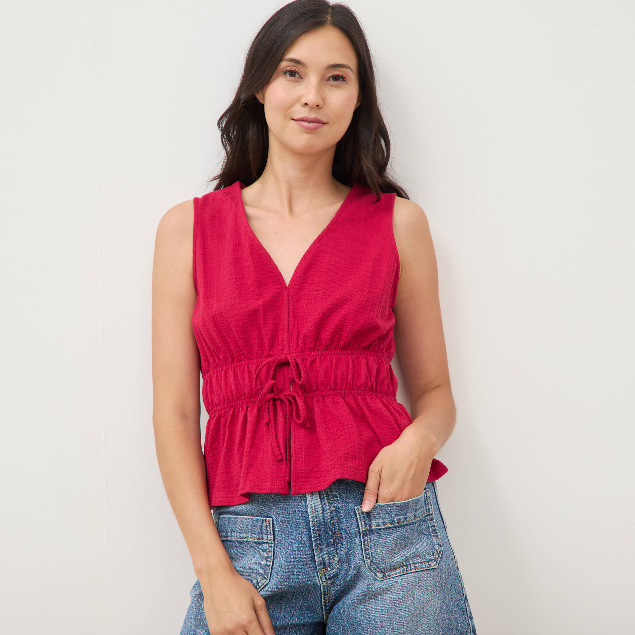 D&eacute;bardeur col v n&oelig;uds en coton rouge clair femme