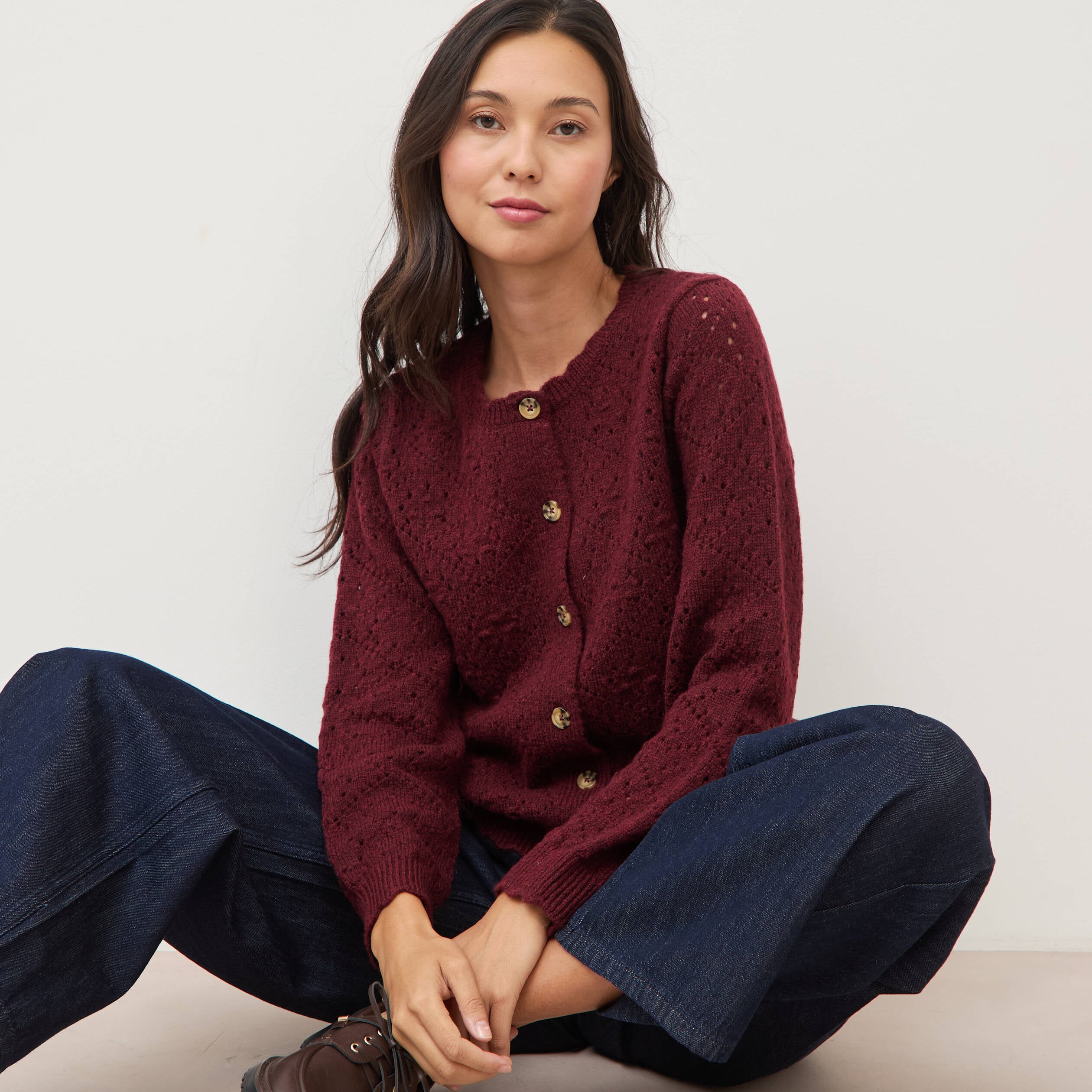 Gilet manches longues col rond bordeaux femme