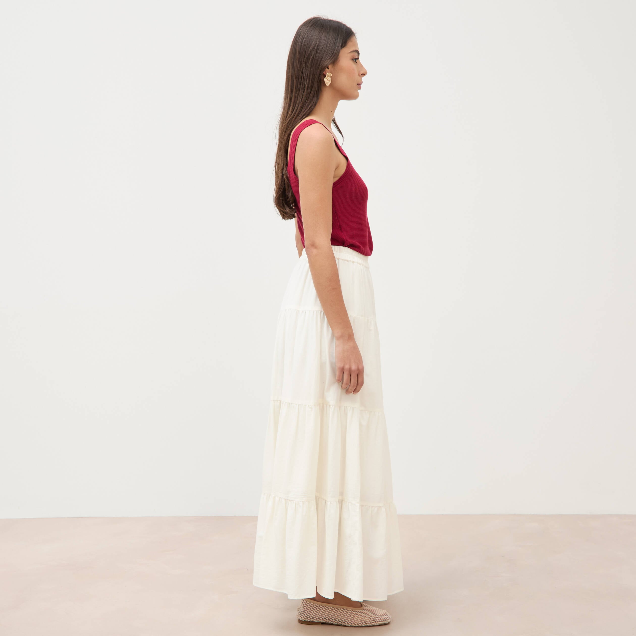 Jupe longue &eacute;vas&eacute;e en coton doubl&eacute;e ecru femme