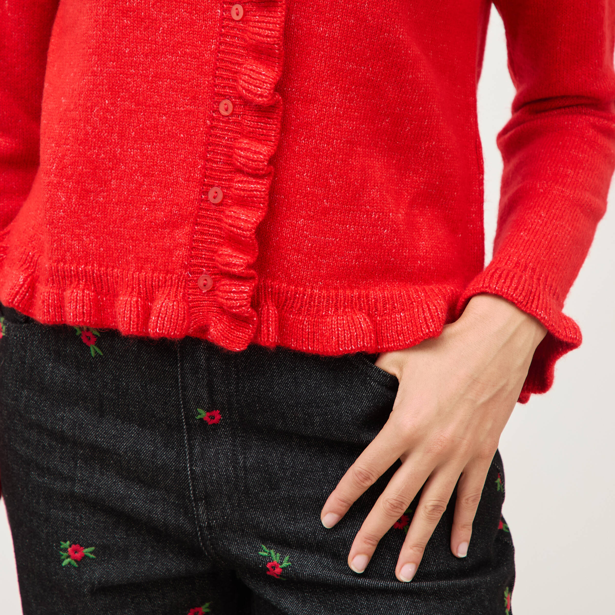 Gilet droit manches longues col rond rouge femme