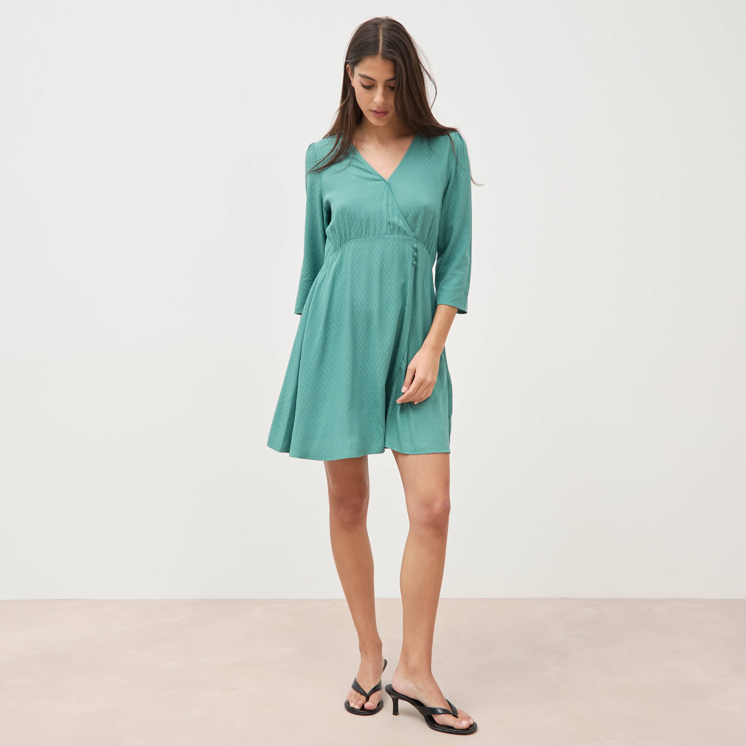 Robe manches longues col v vert femme