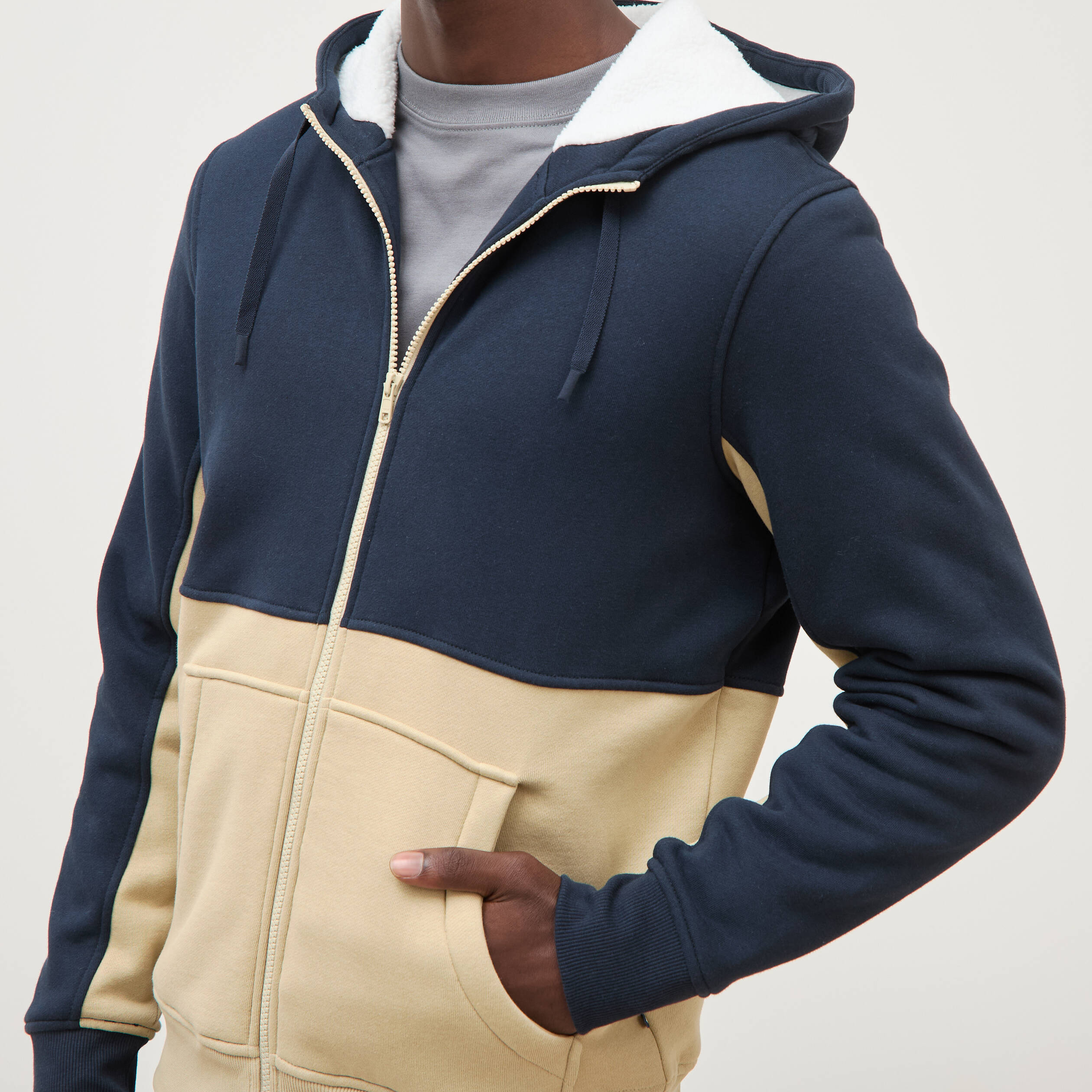 Sweat droit sherpa &agrave; capuche bleu marine homme