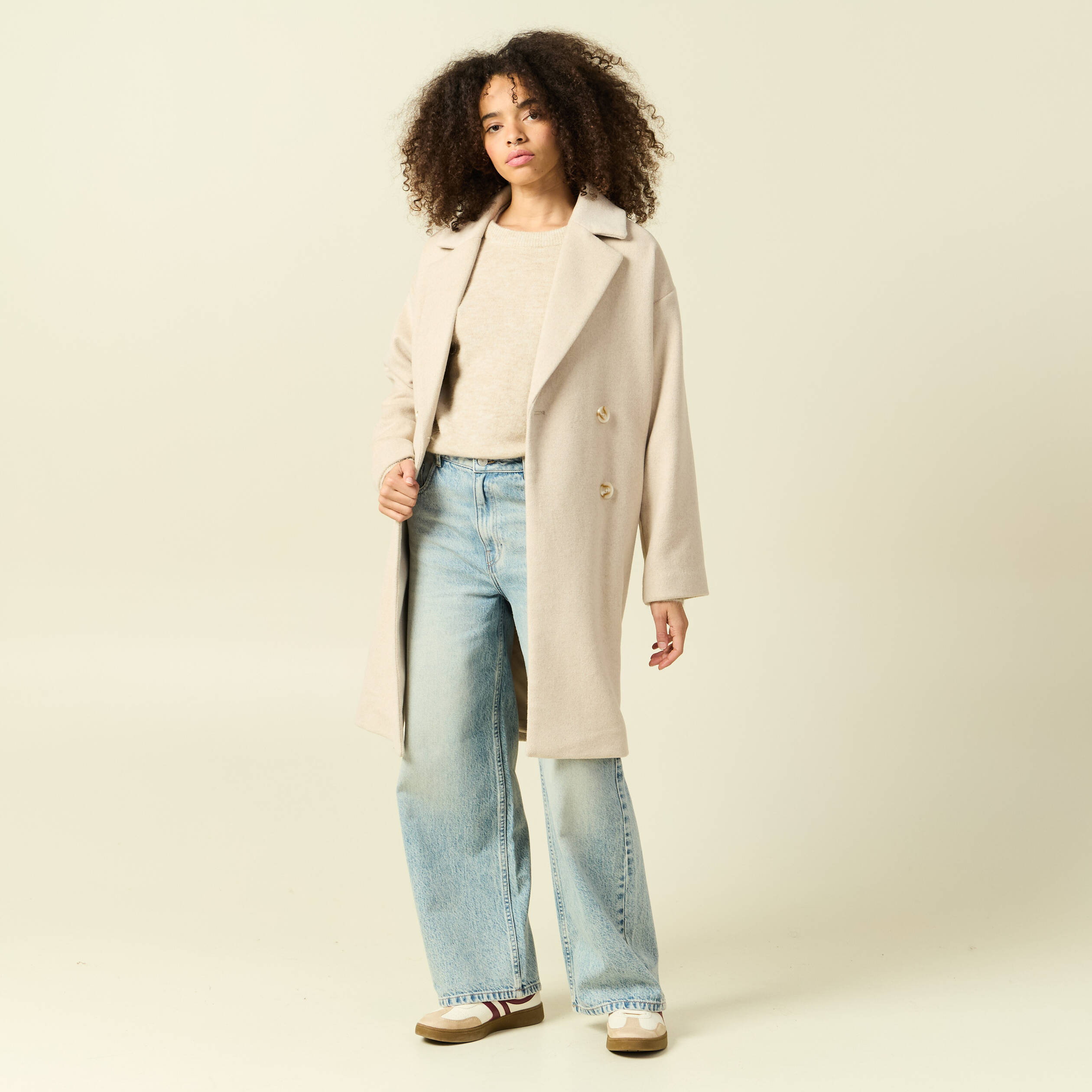 Pull col rond manches longues beige femme