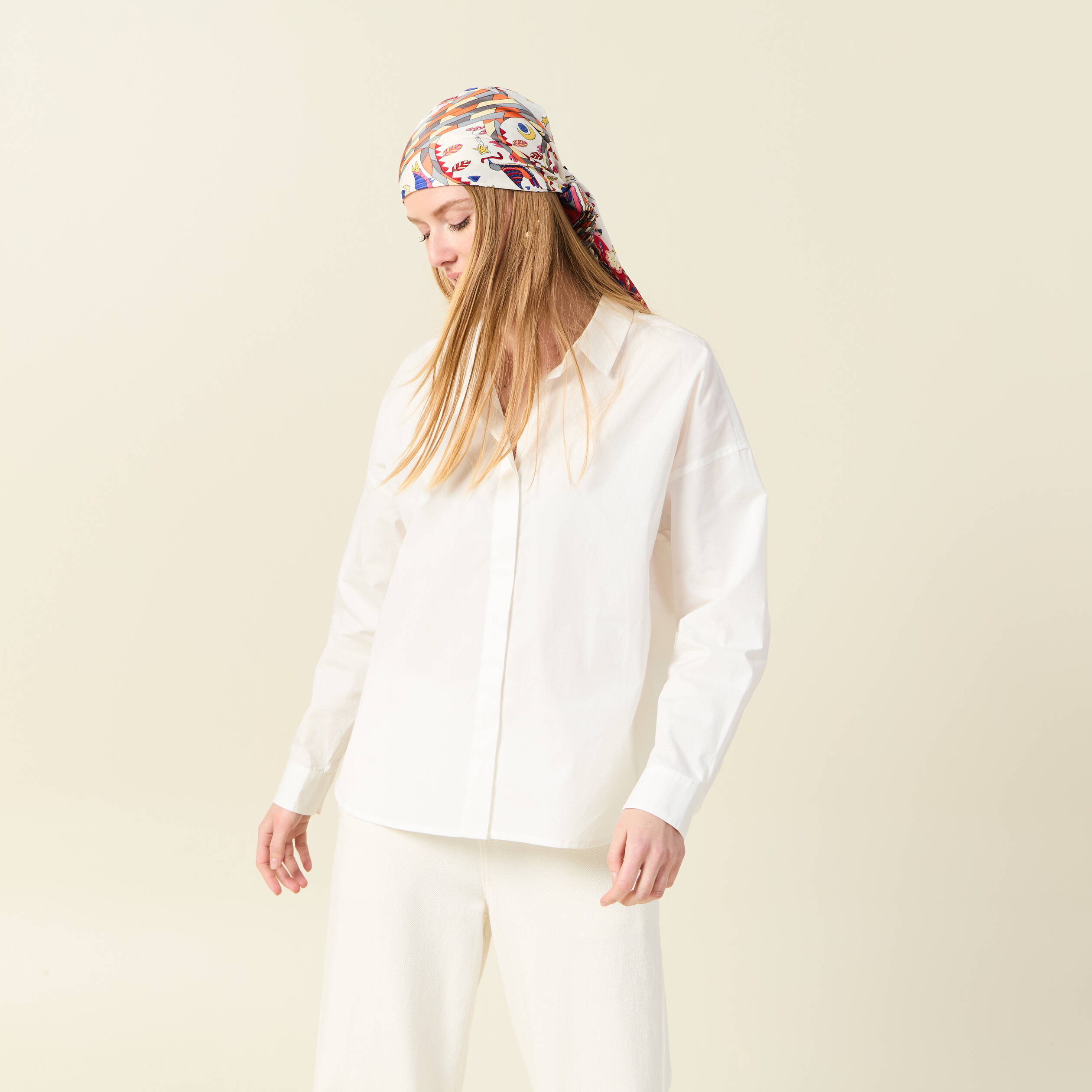 Chemise droite mi-longue en coton ecru femme