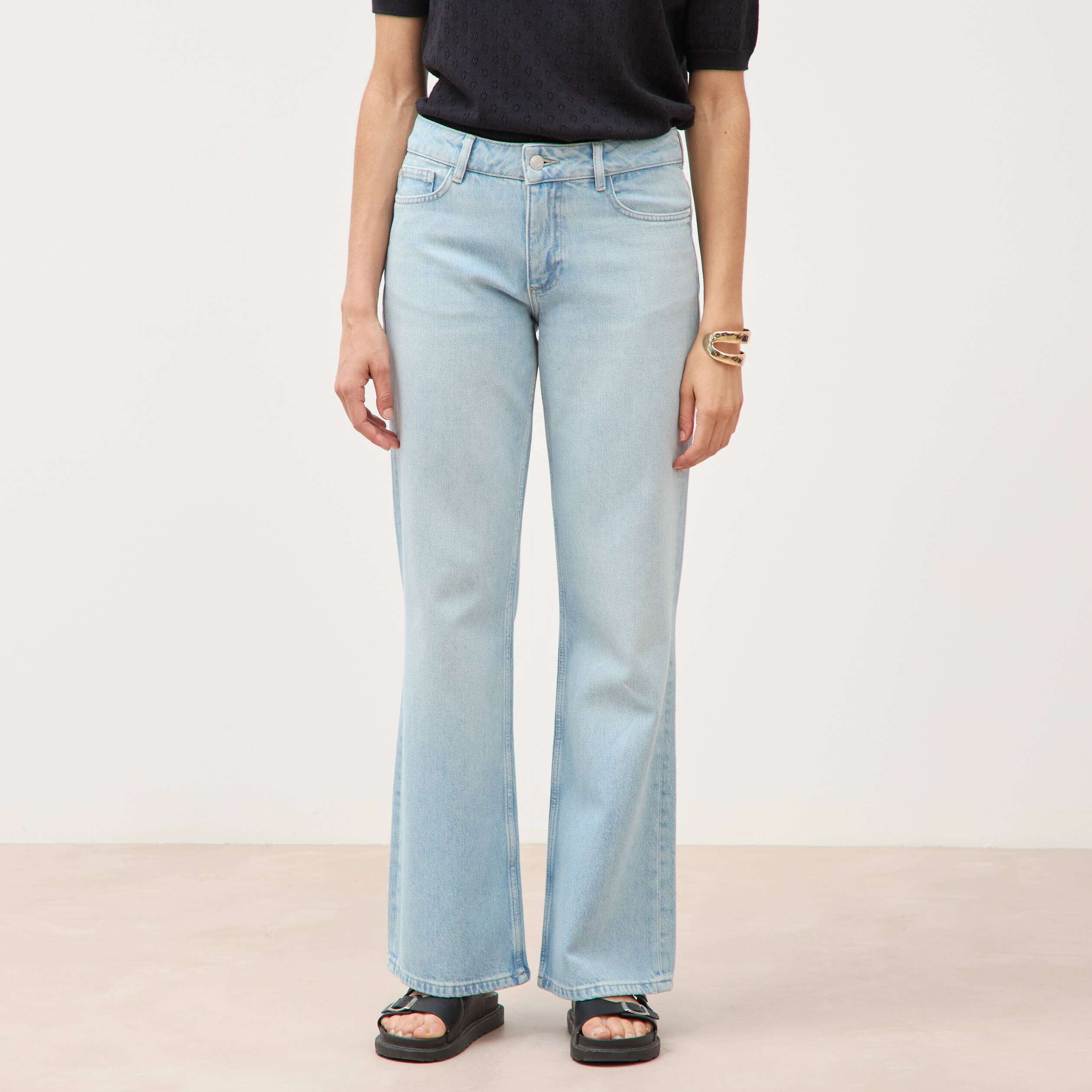 Jeans wide leg taille bascul&eacute;e bleu femme