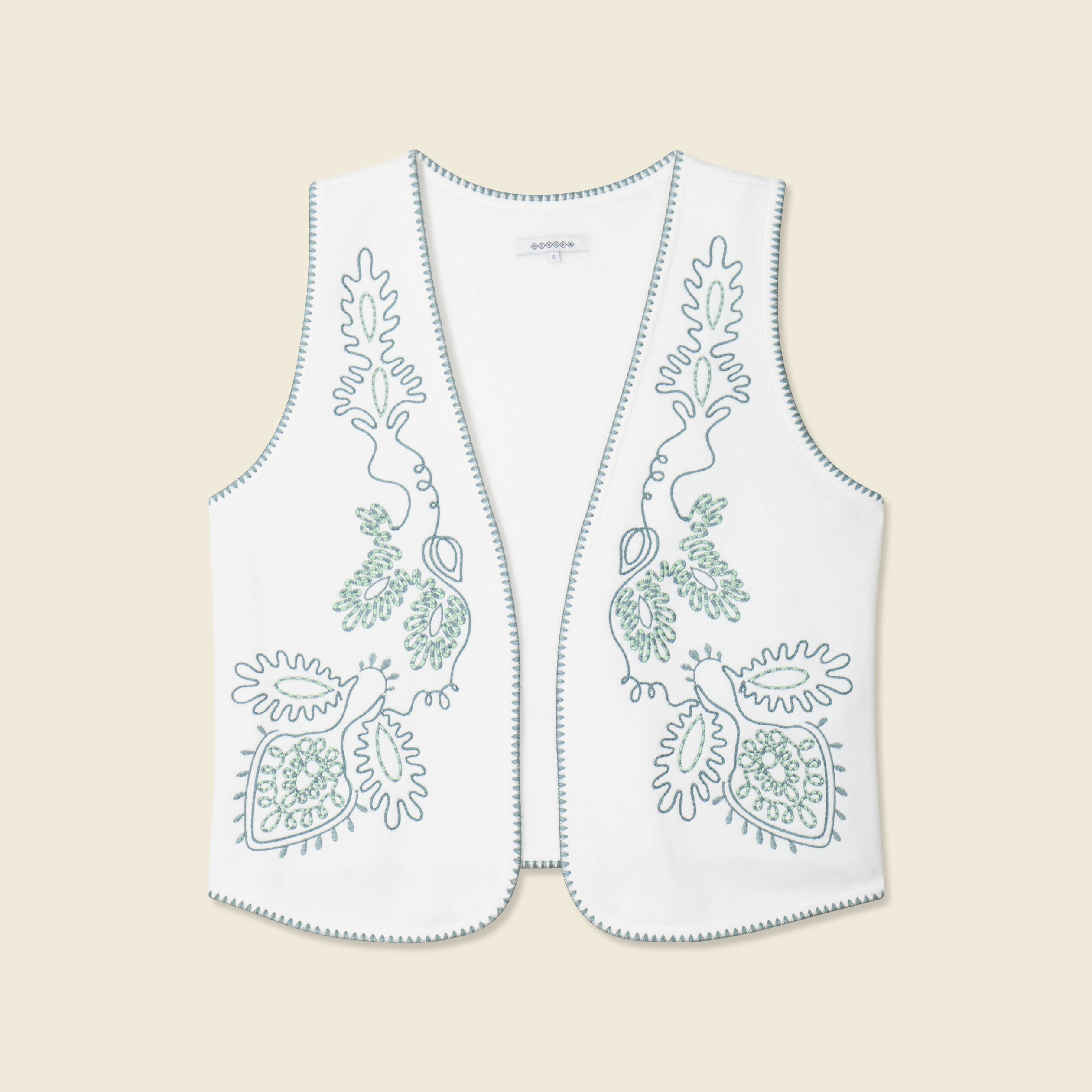 Gilet sans manches brod&eacute; ecru femme