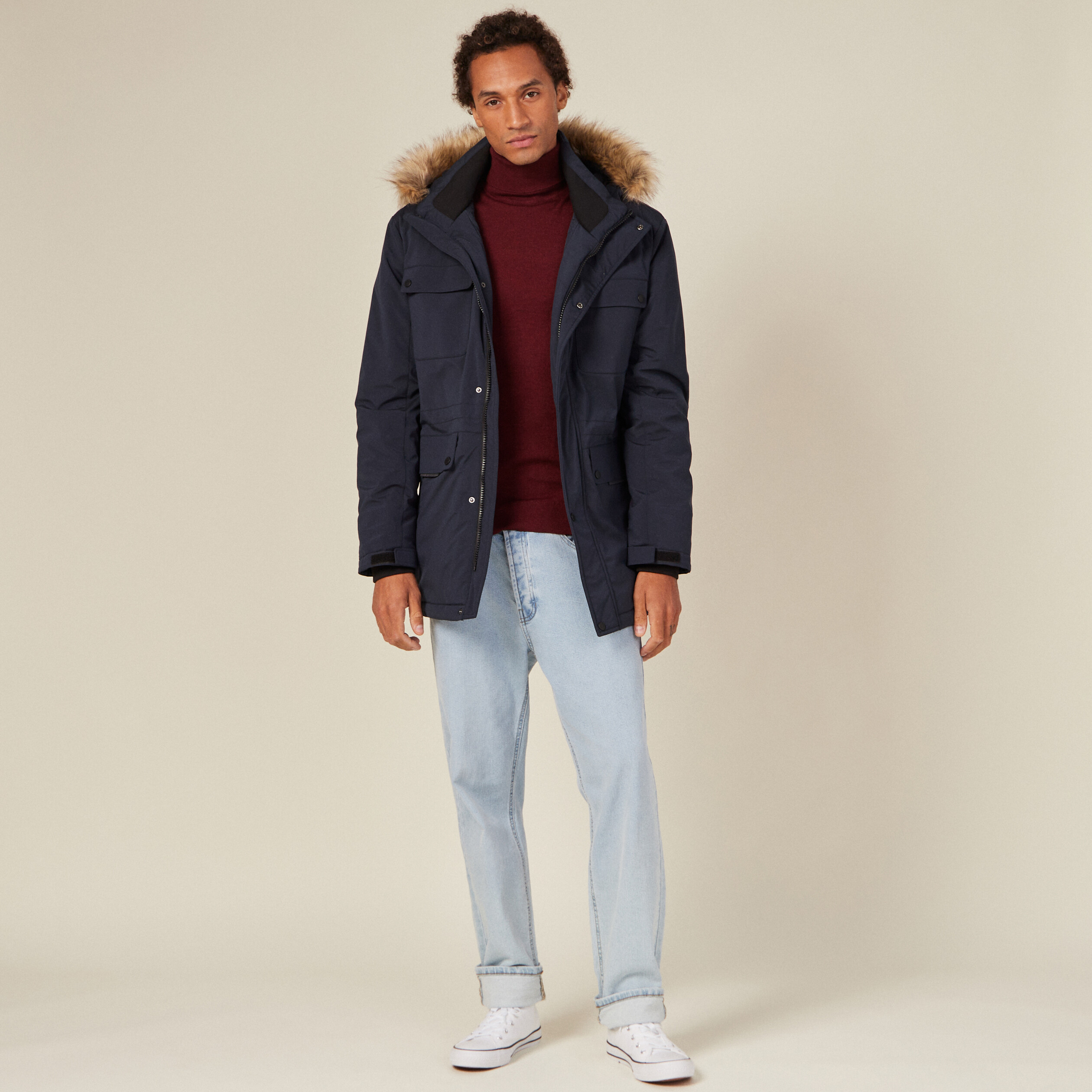 parka droite a capuche bleu fonce homme Parka droite à capuche bleu foncé homme