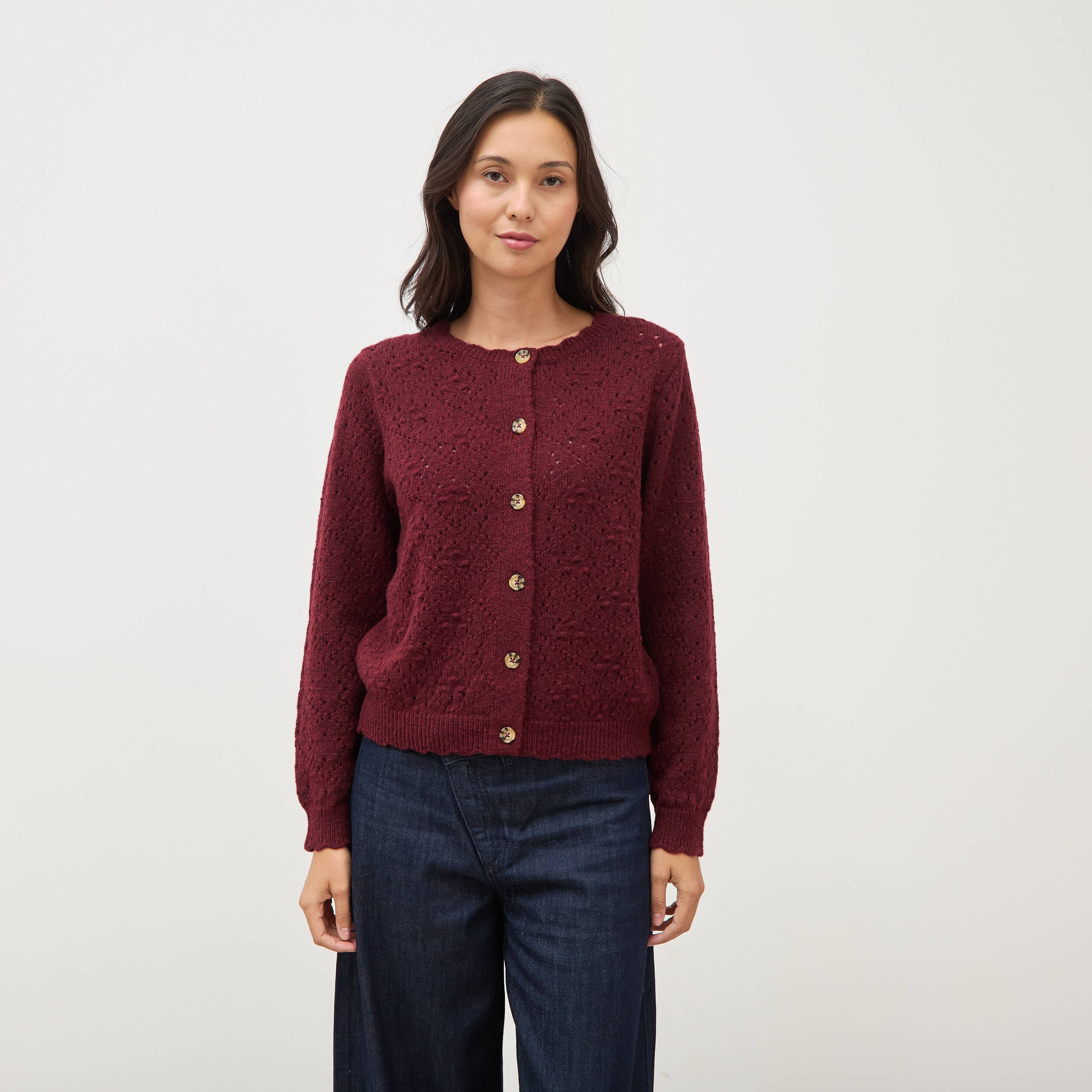 Gilet manches longues col rond bordeaux femme