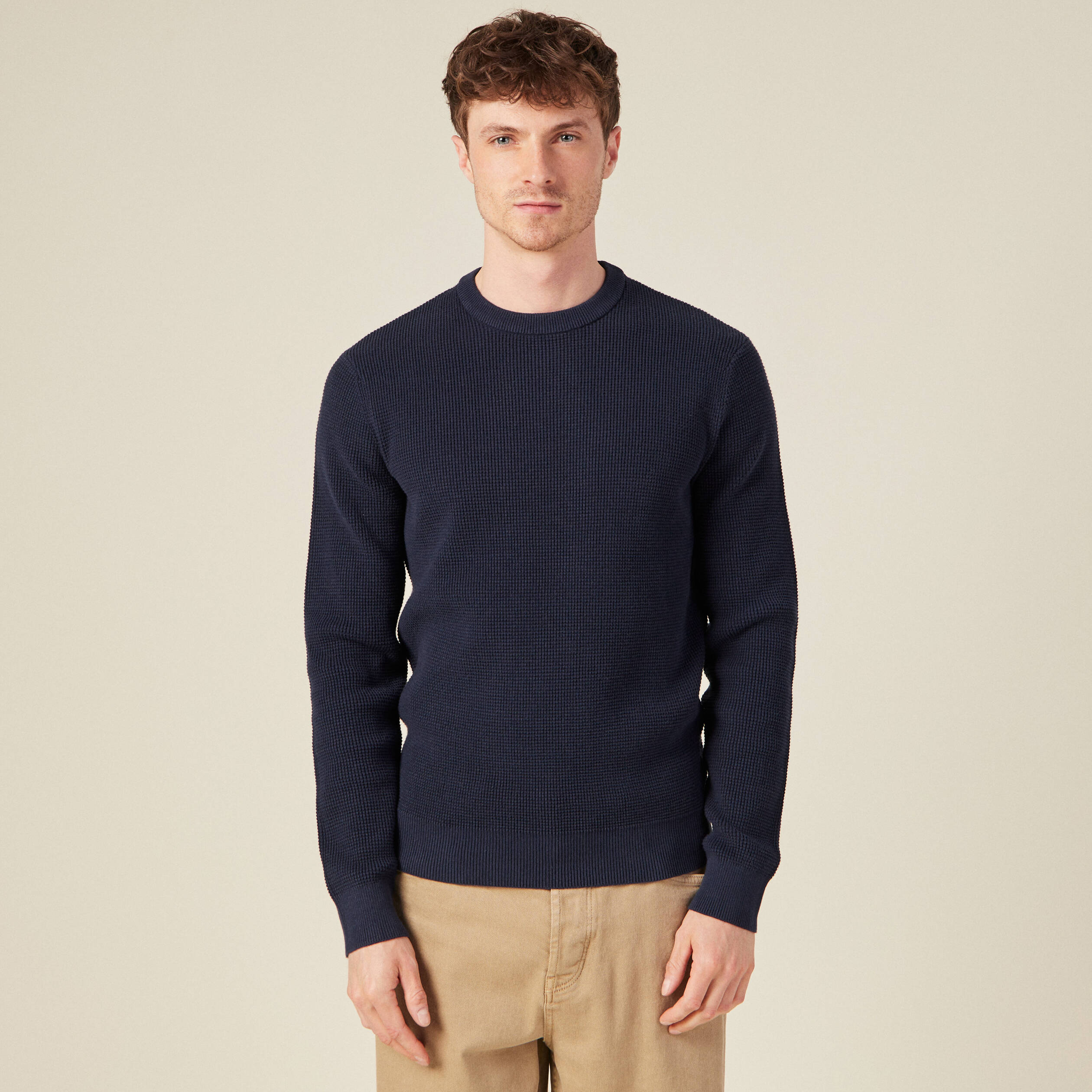 Pull manches longues col rond bleu foncé homme