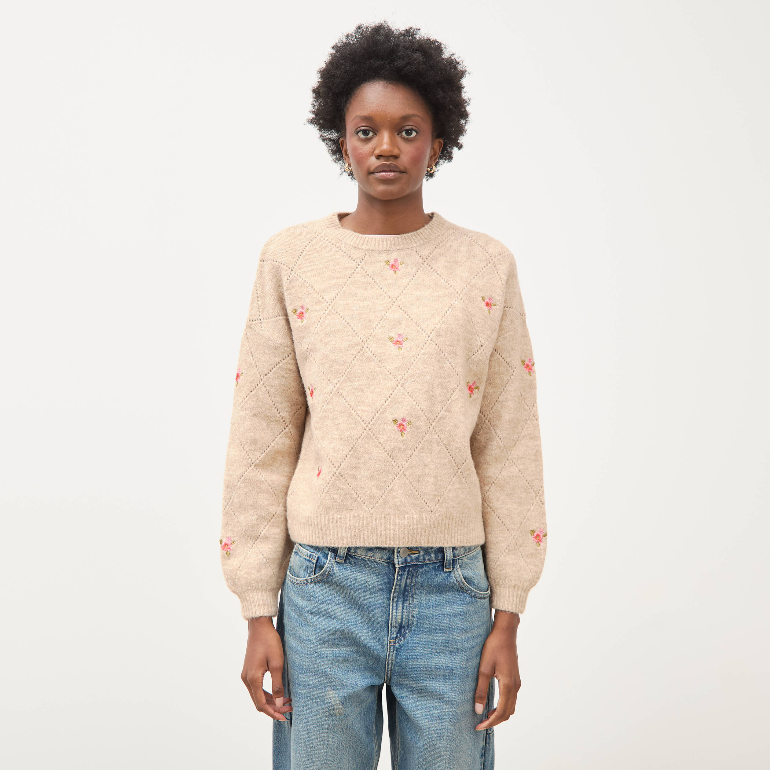Pull droit col rond manches longues creme femme