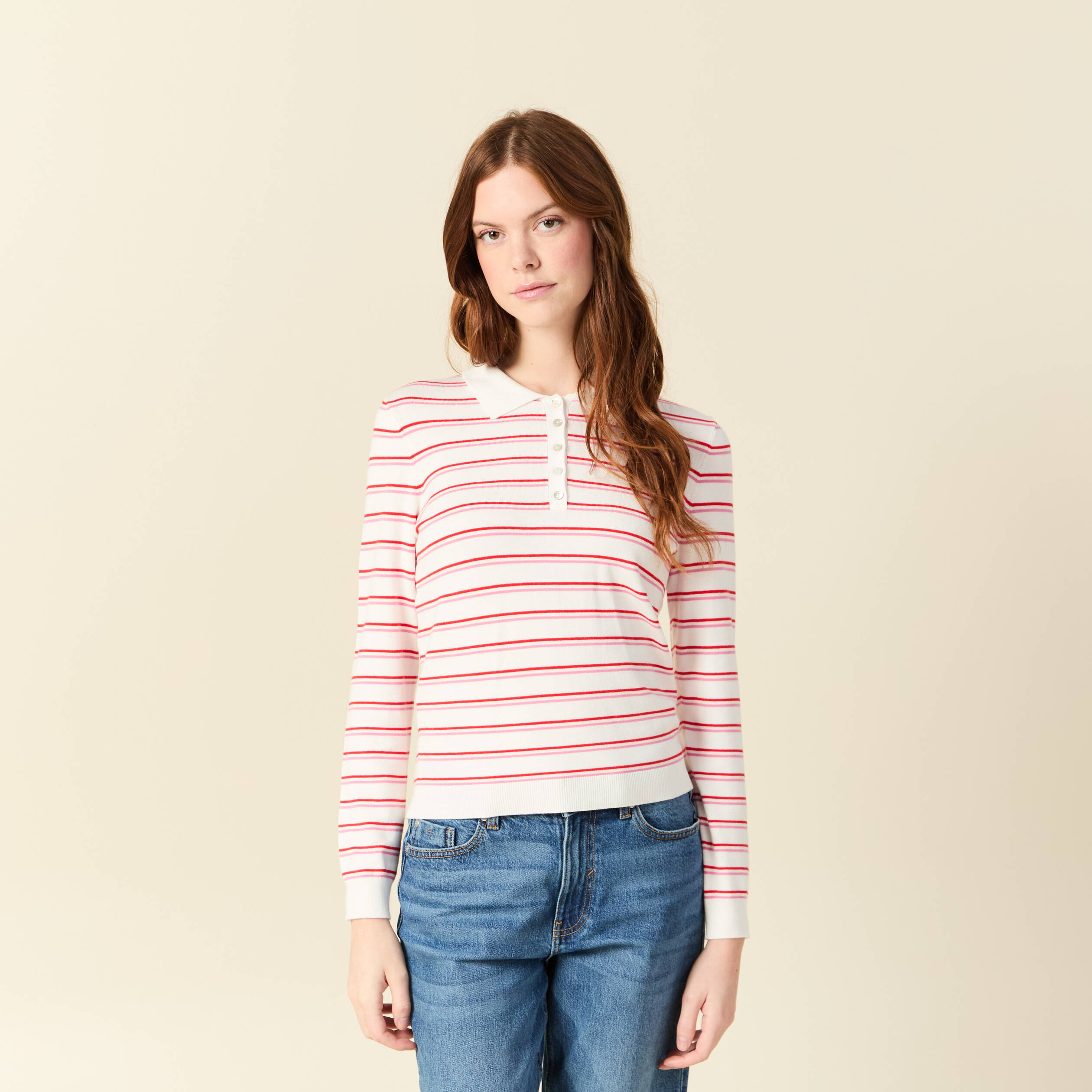 Polo ray&eacute; manches longues blanc femme