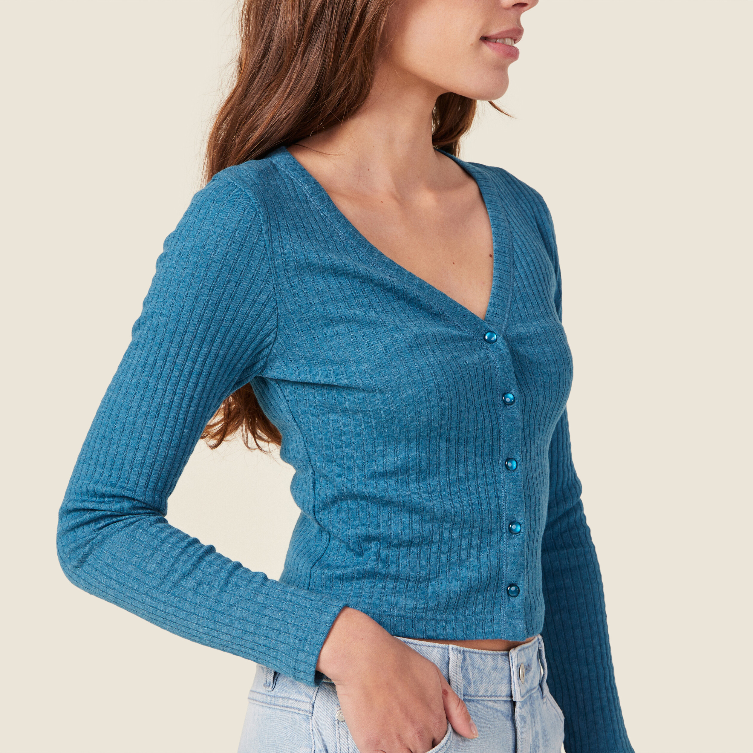 T-shirt manches longues côtelé bleu pétrole femme