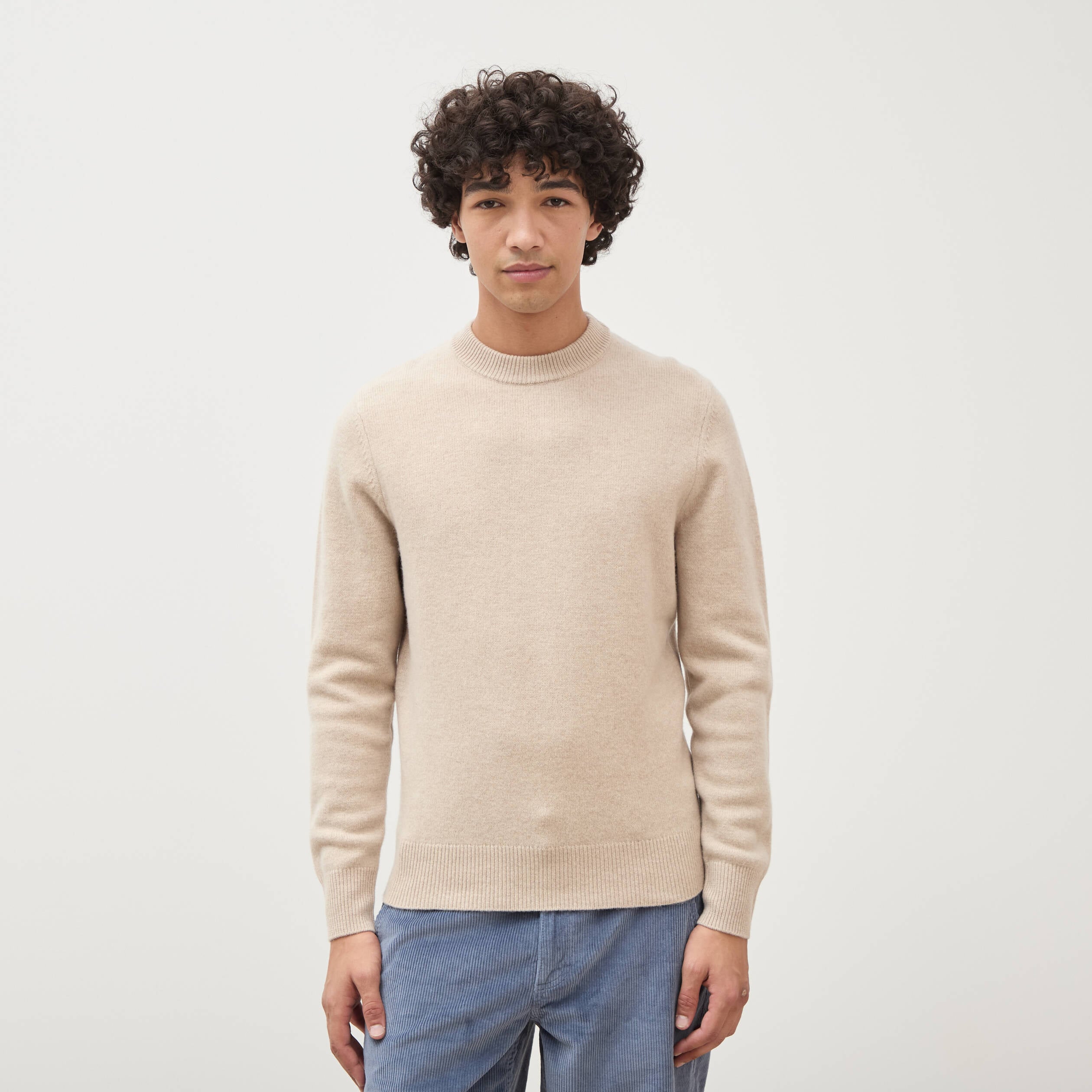 Pull droit col rond manches longues sable homme