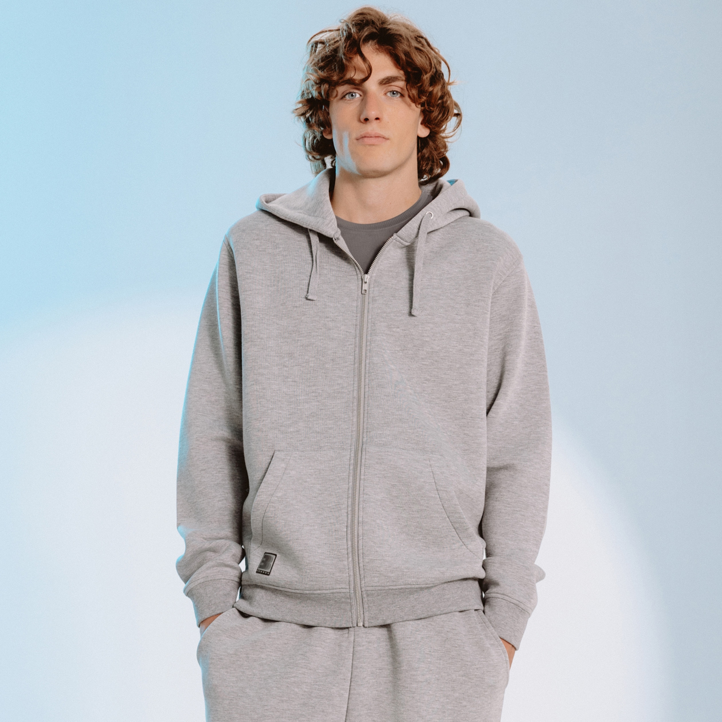 Sweat ample &agrave; capuche manches longues gris clair homme