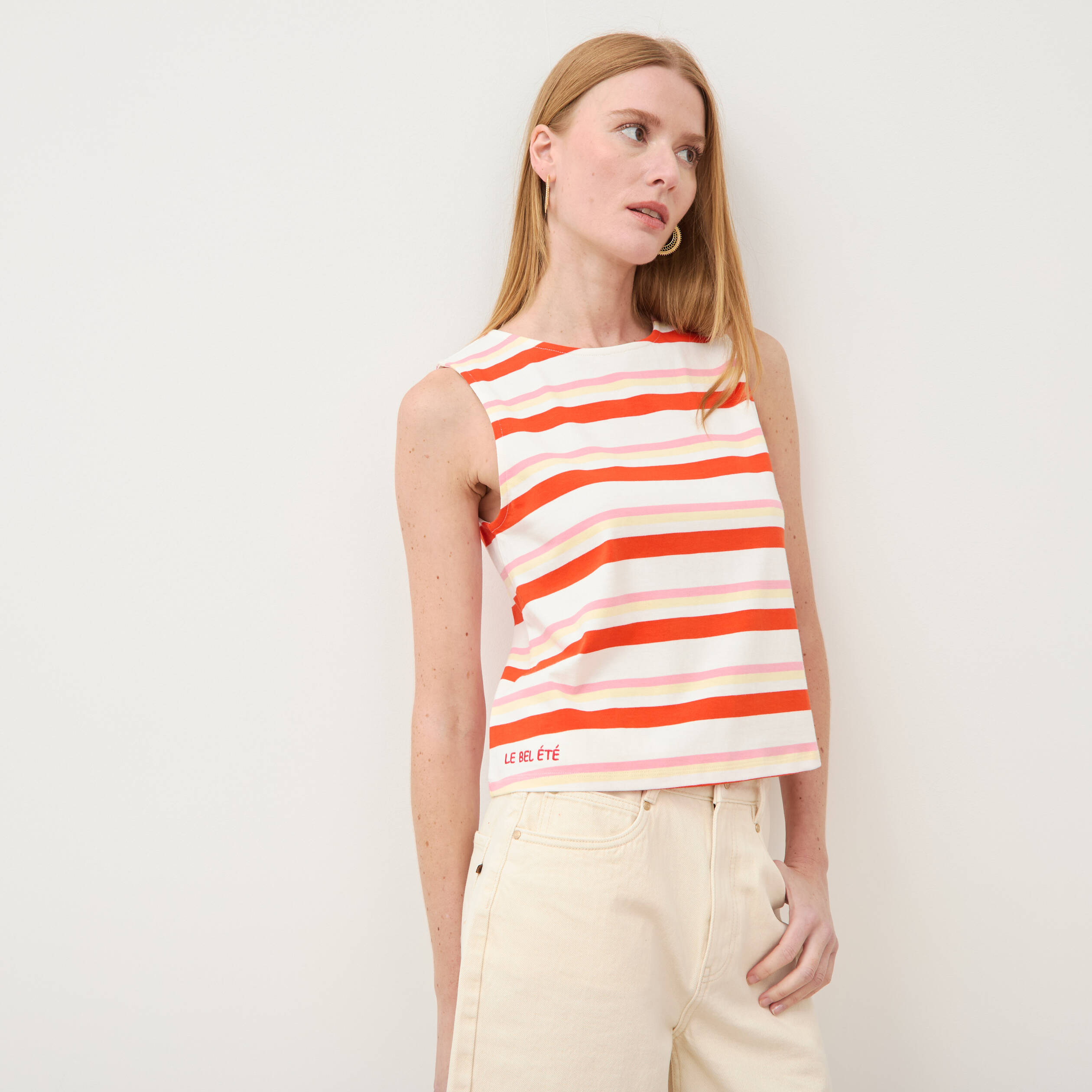 D&eacute;bardeur ray&eacute; col rond en coton rouge femme