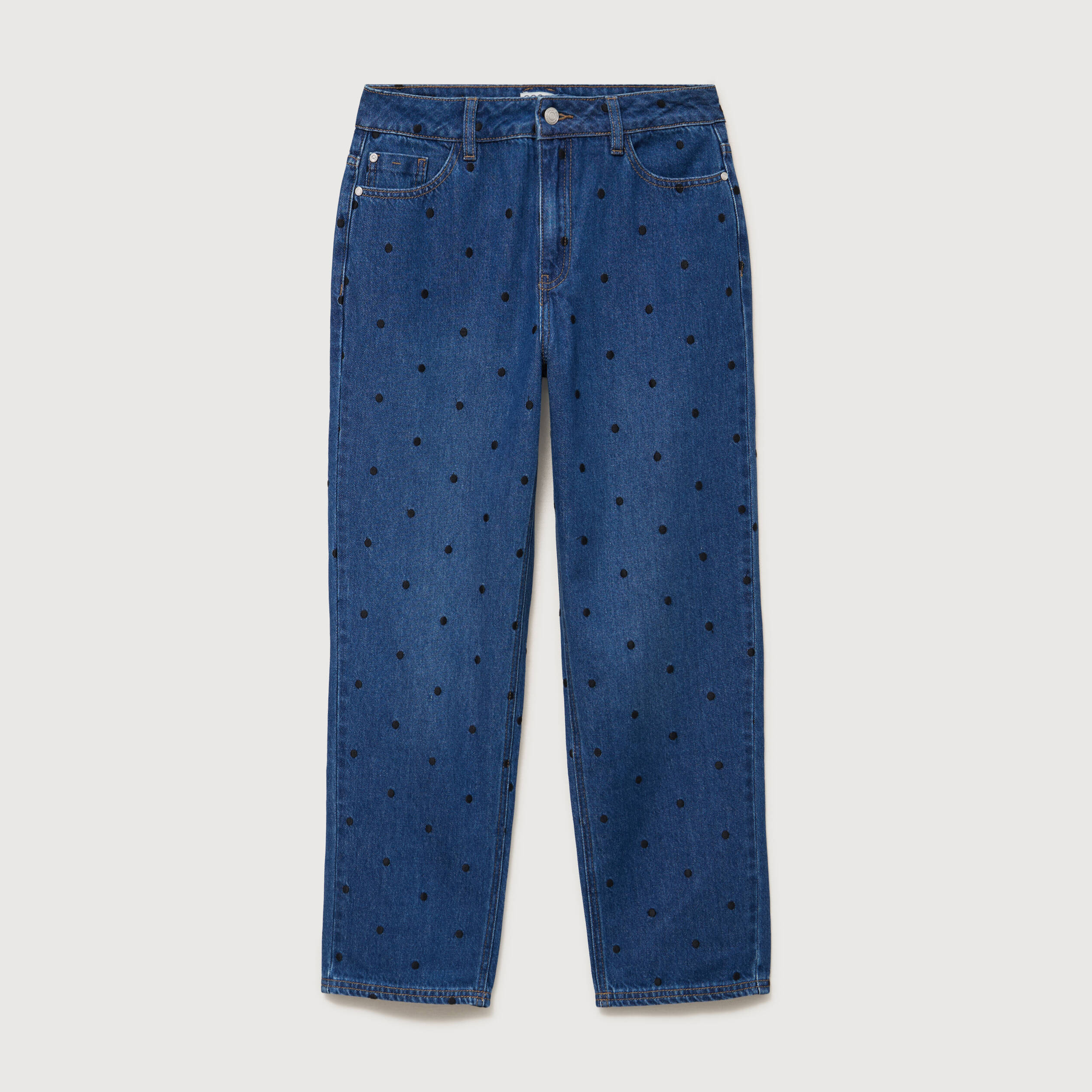 Jeans straight taille haute broderie bleu clair femme