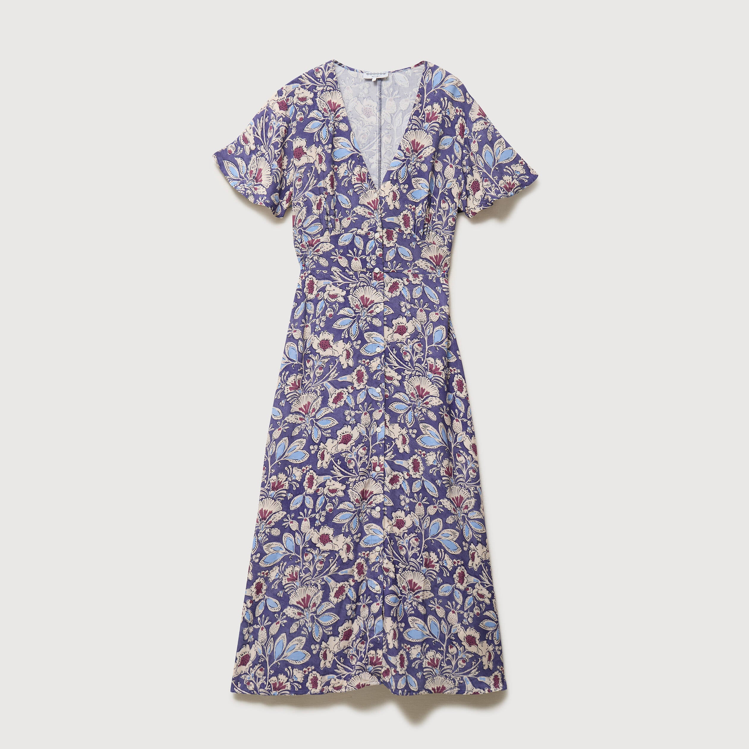 Robe droite 3/4 col v manches courtes bleu femme