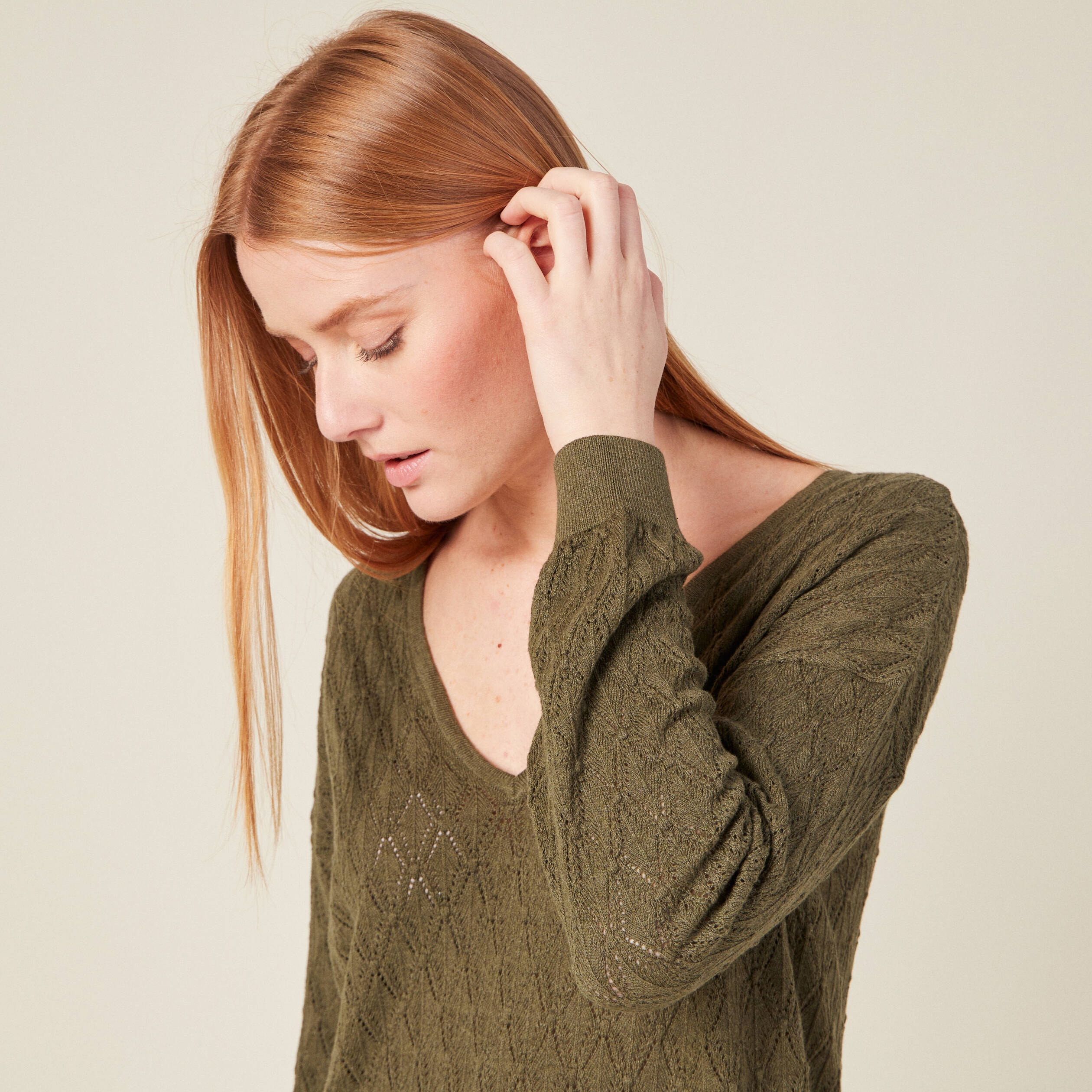 Pull fin à manches longues vert kaki femme