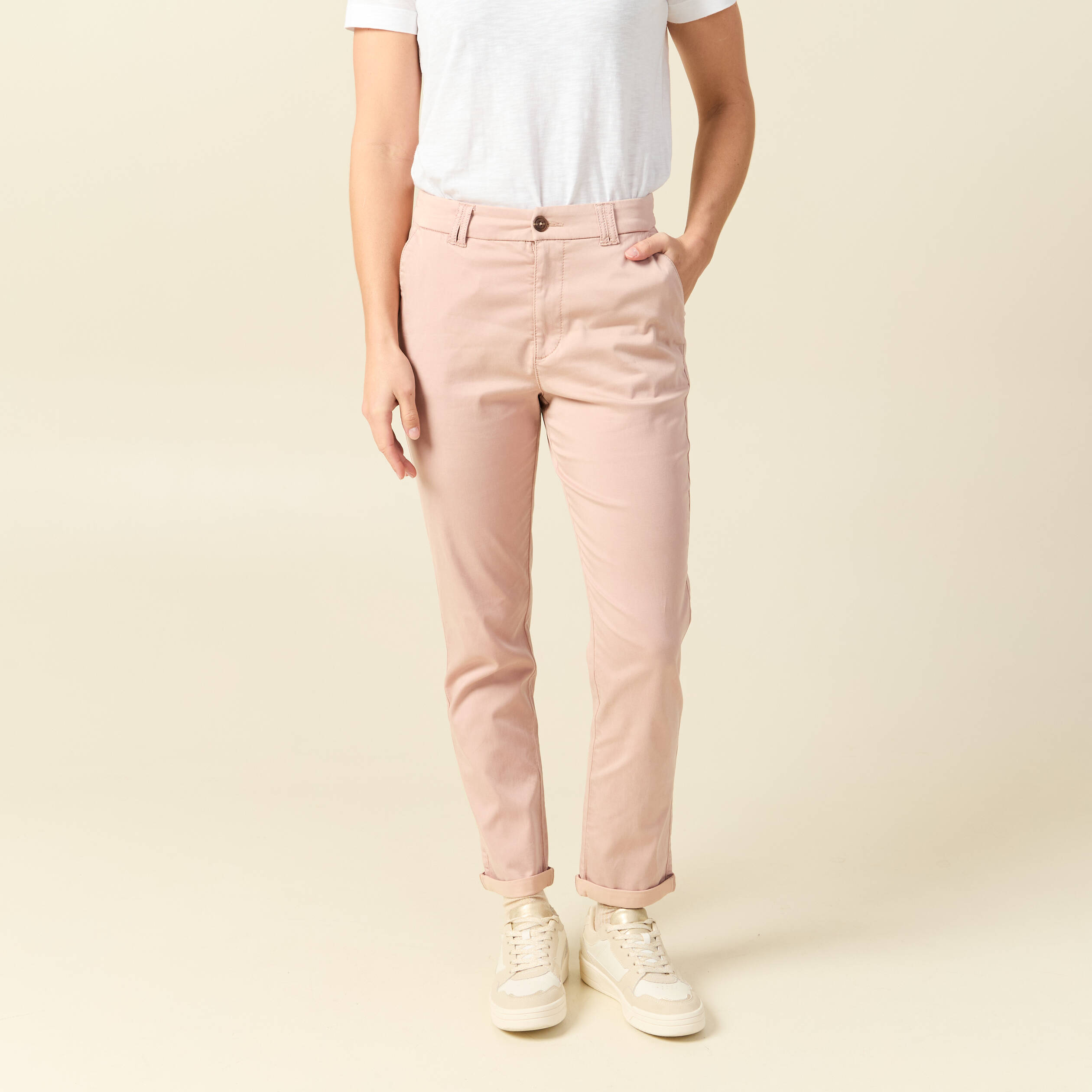 Chino cigarette 7/8&egrave;me taille haute rose clair femme