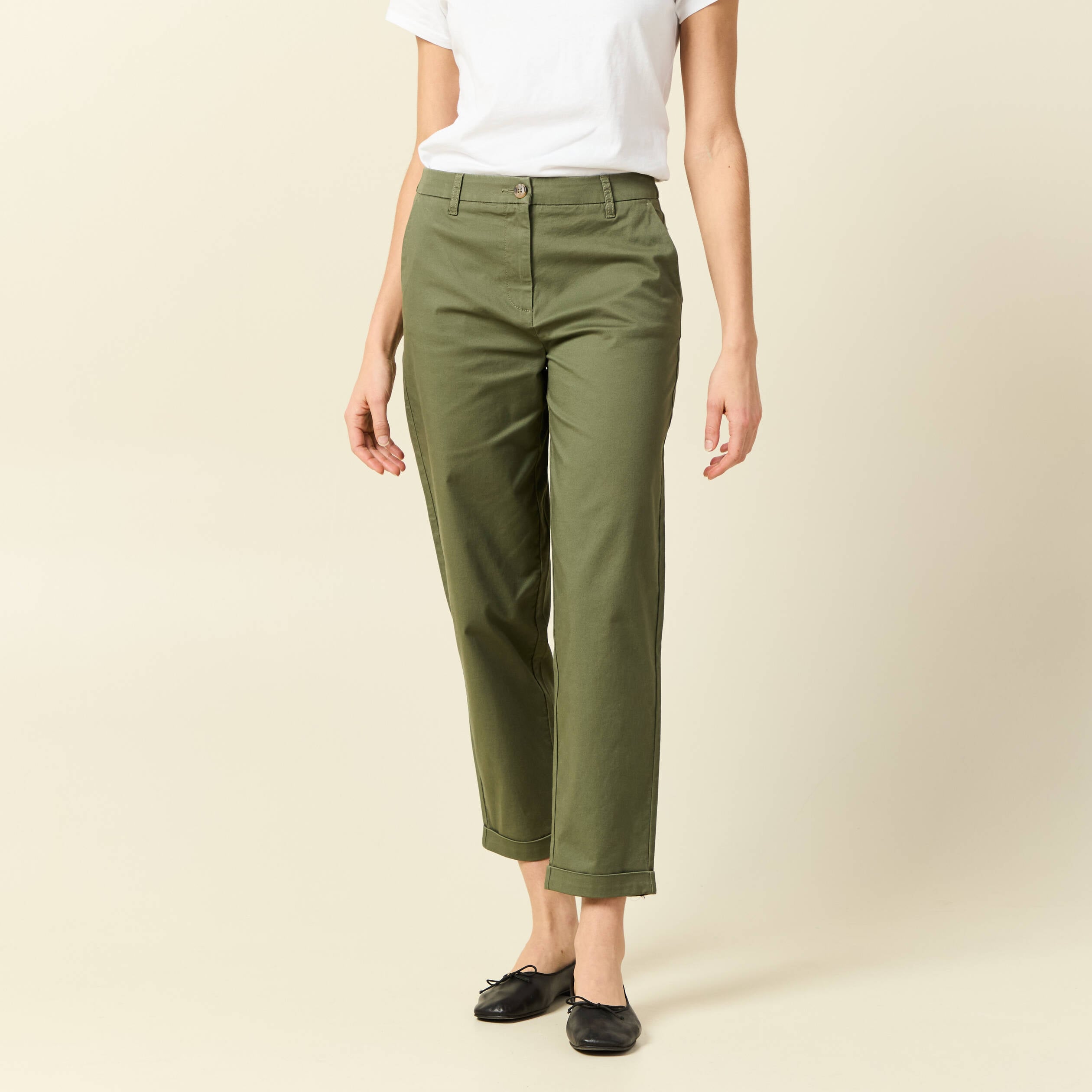 Pantalon taille haute fluide vert kaki femme