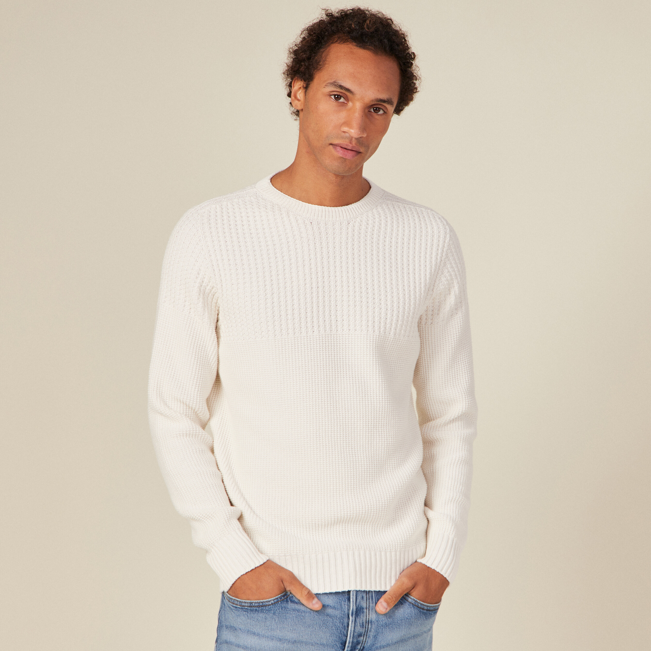 pull manches longues fabrique en france ecru homme Pull manches longues fabriqué en France ecru homme