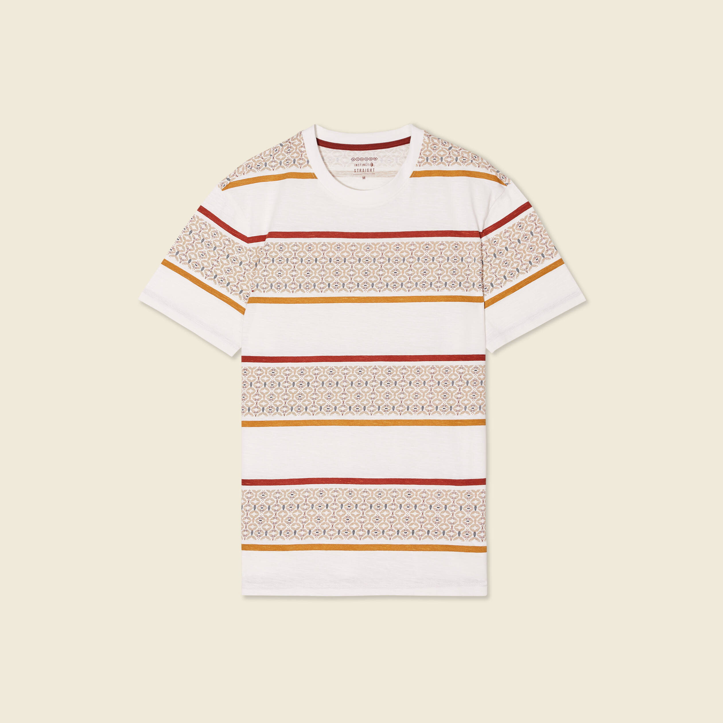 T-shirt ray&eacute; col rond manches courtes ecru homme
