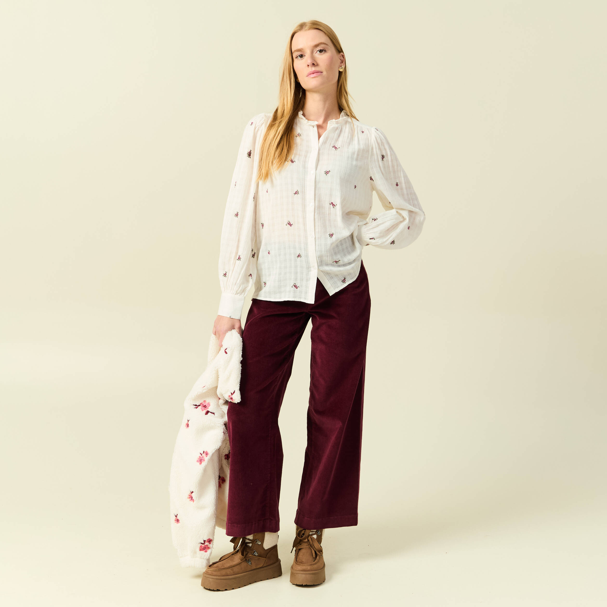 Pantalon large taille haute en velours bordeaux femme Vibs