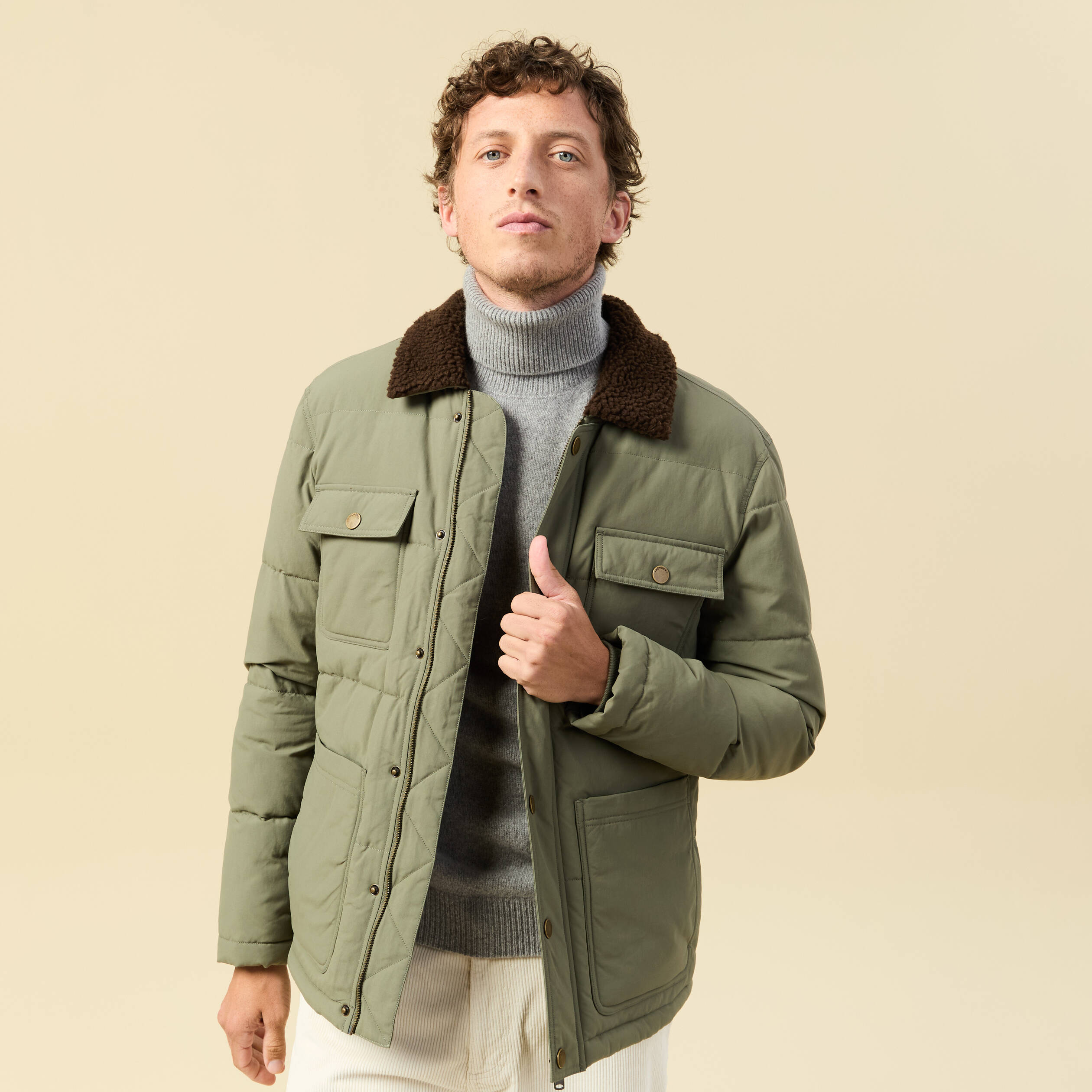 Doudoune droite mi-longue vert kaki homme