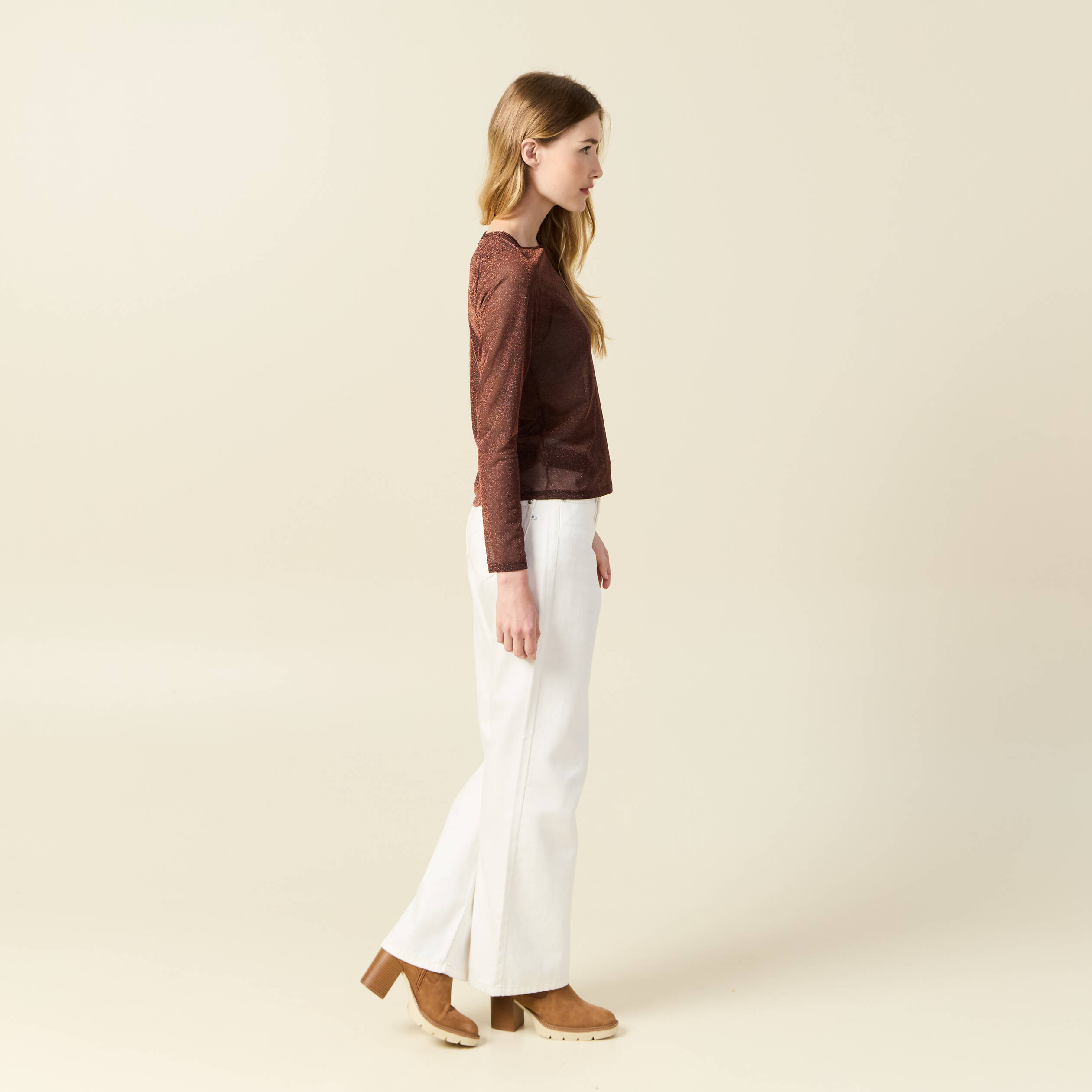 t shirt manches longues marron cognac femme T-shirt manches longues marron cognac femme