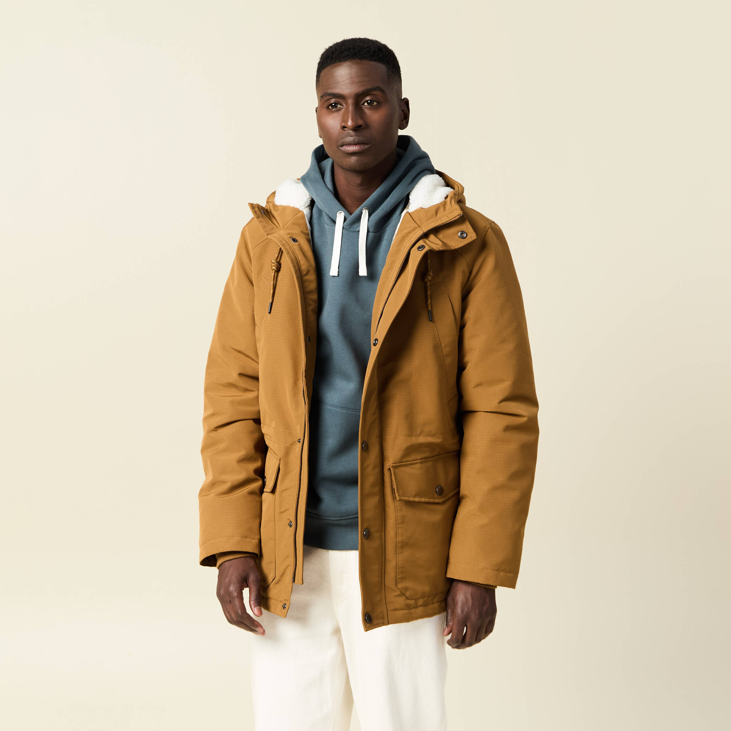 Parka droite &agrave; capuche doubl&eacute;e marron homme