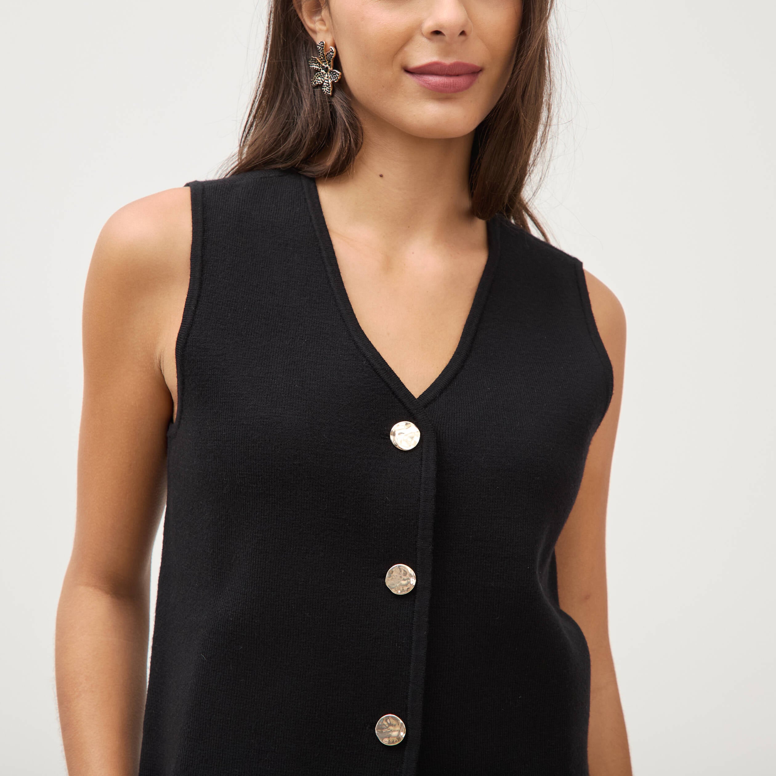 Gilet droit court sans manches col v noir femme