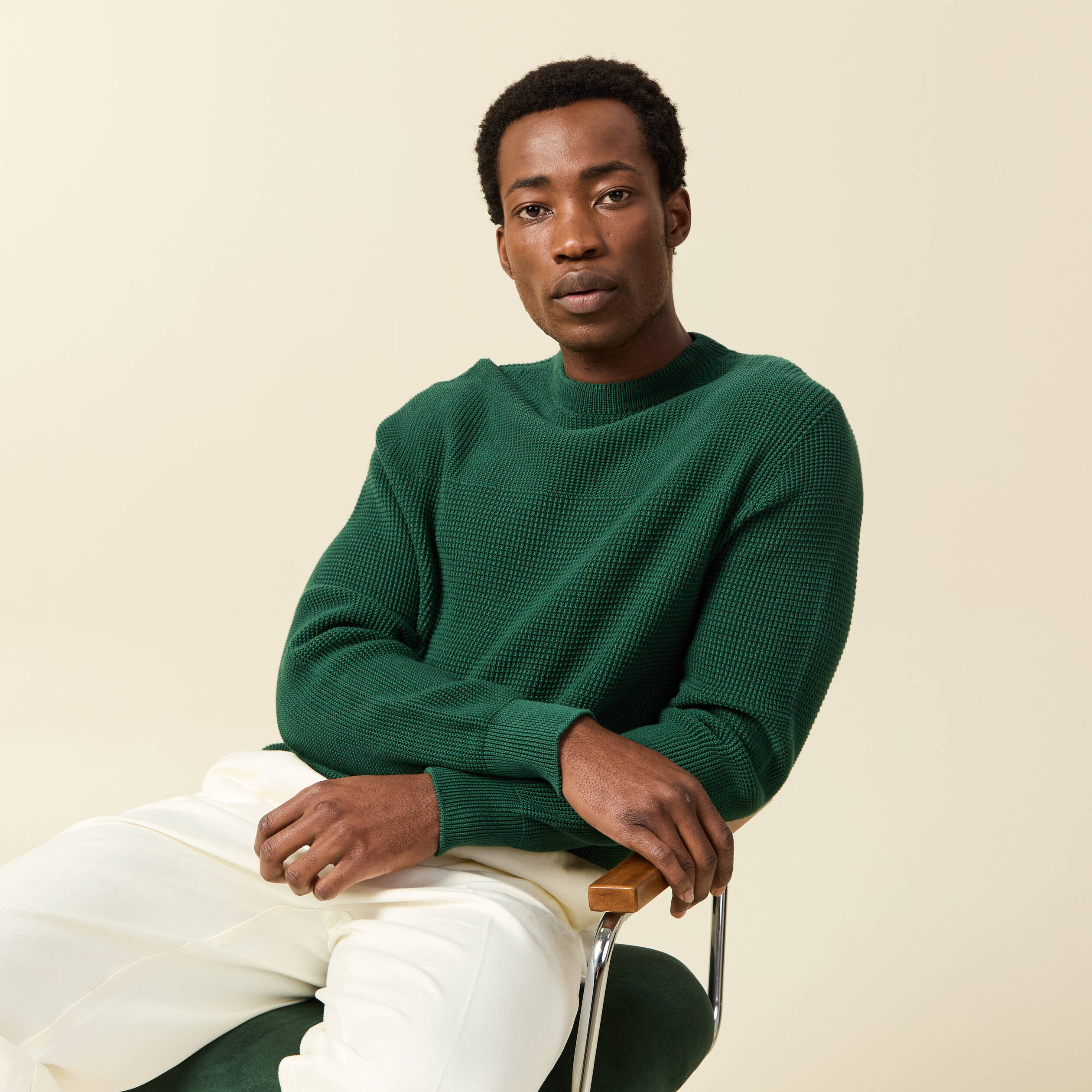 Pull col rond manches longues en coton vert homme