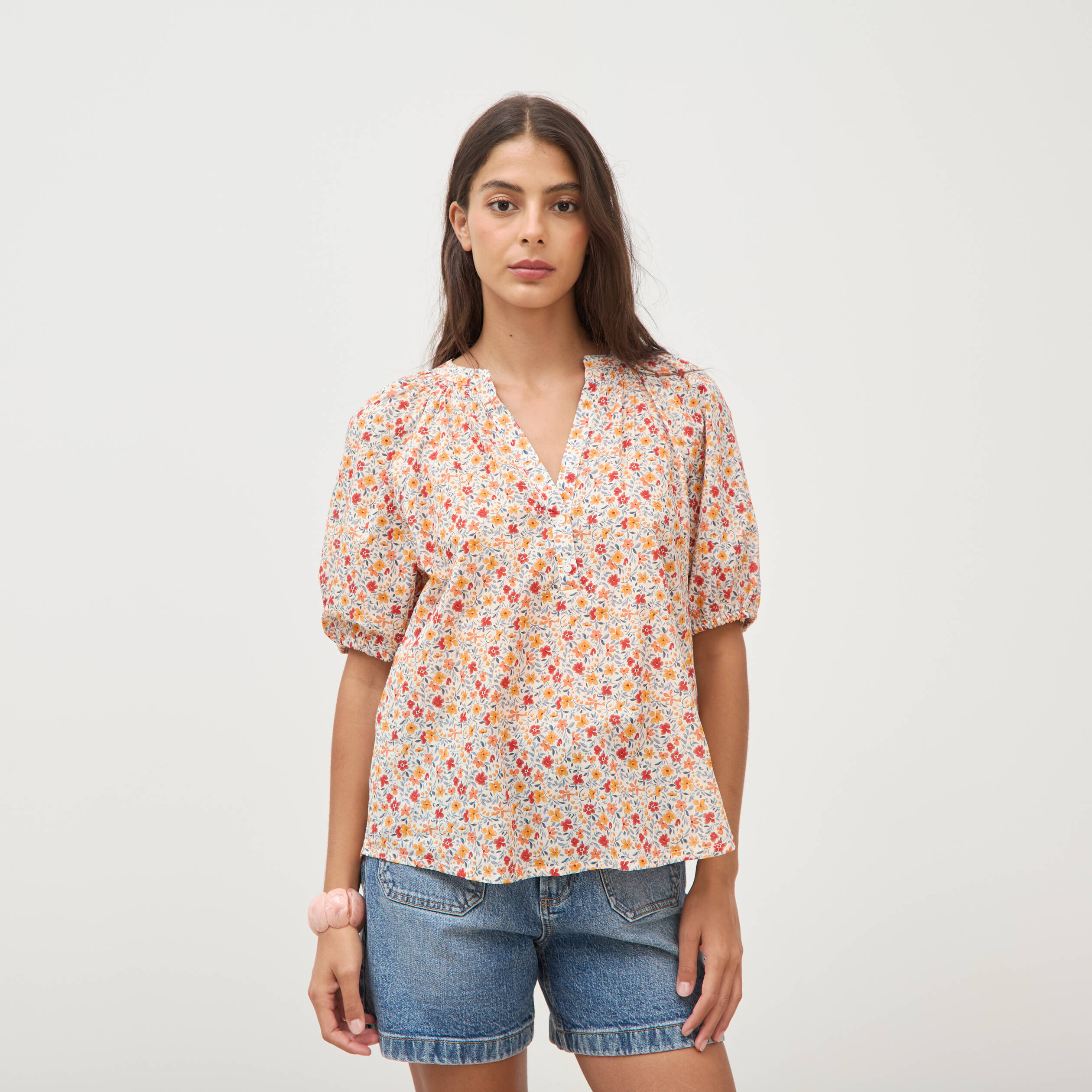 Blouse droite en coton manches courtes orange fonc&eacute; femme