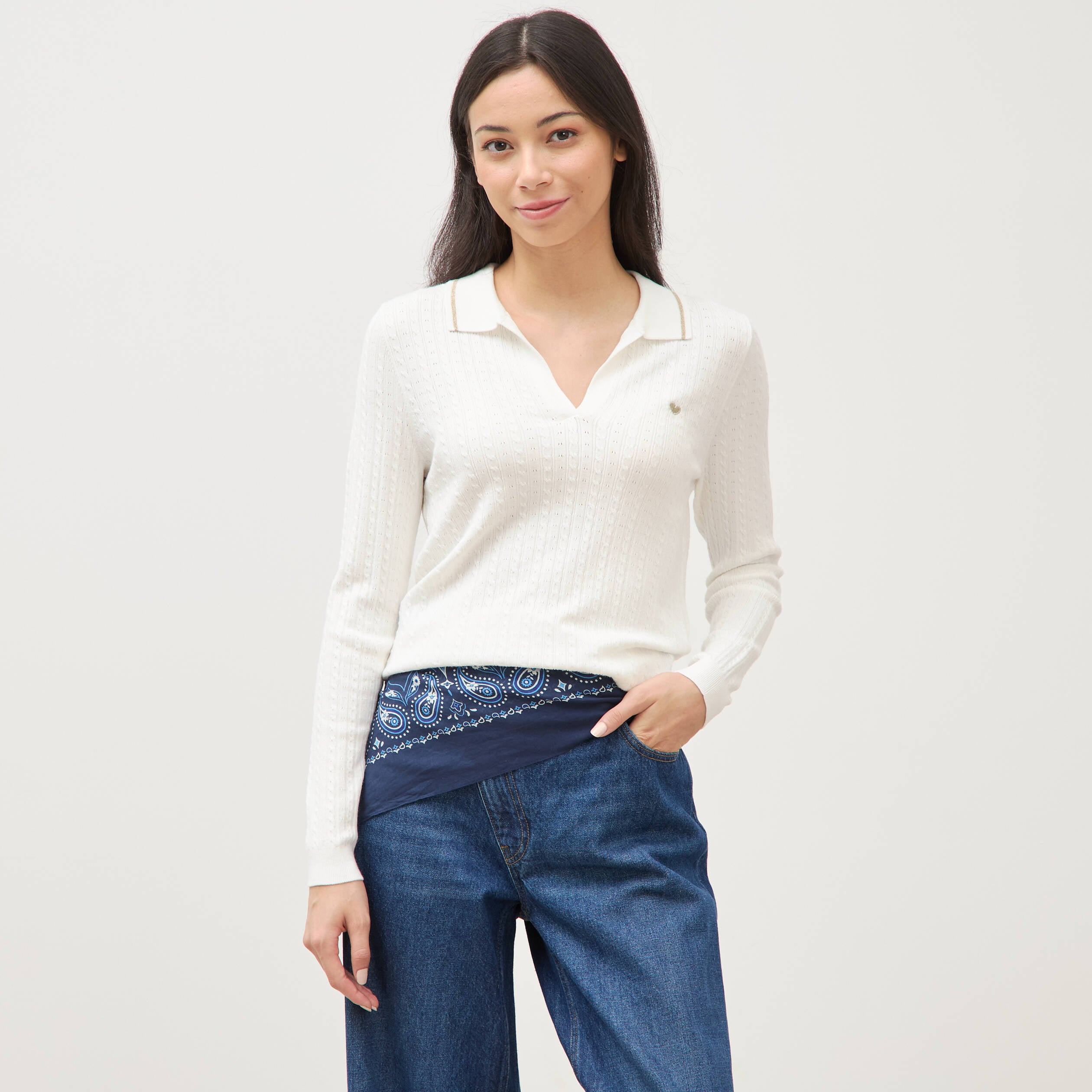 Pull droit manches longues ecru femme