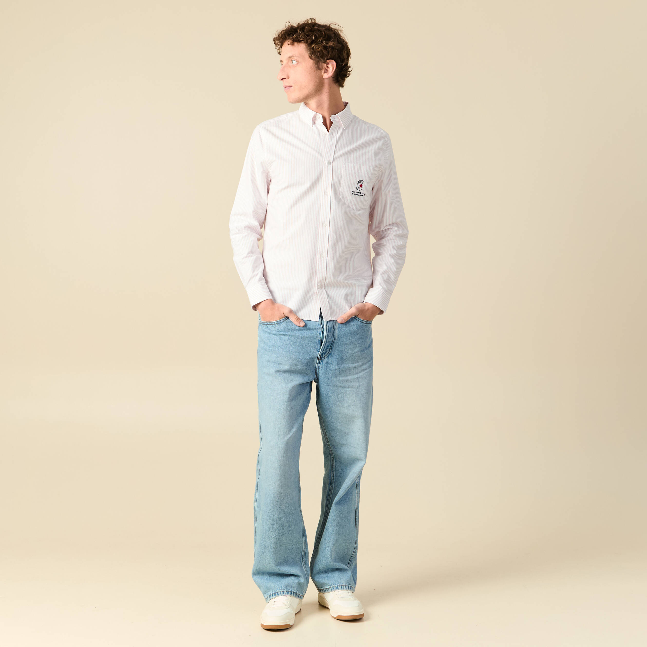 Chemise droite en coton rose poudr&eacute;e homme