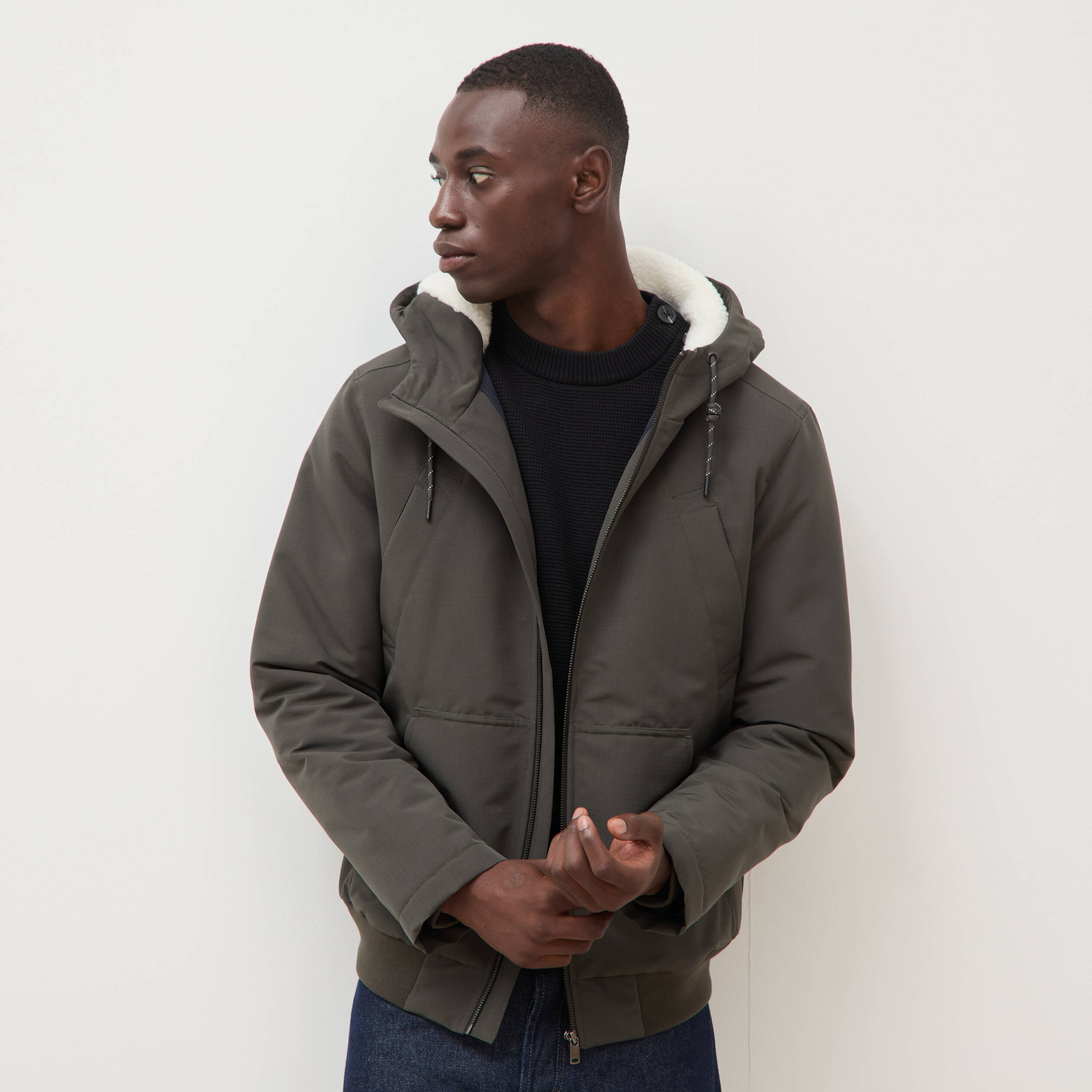 Parka courte &agrave; capuche vert kaki homme