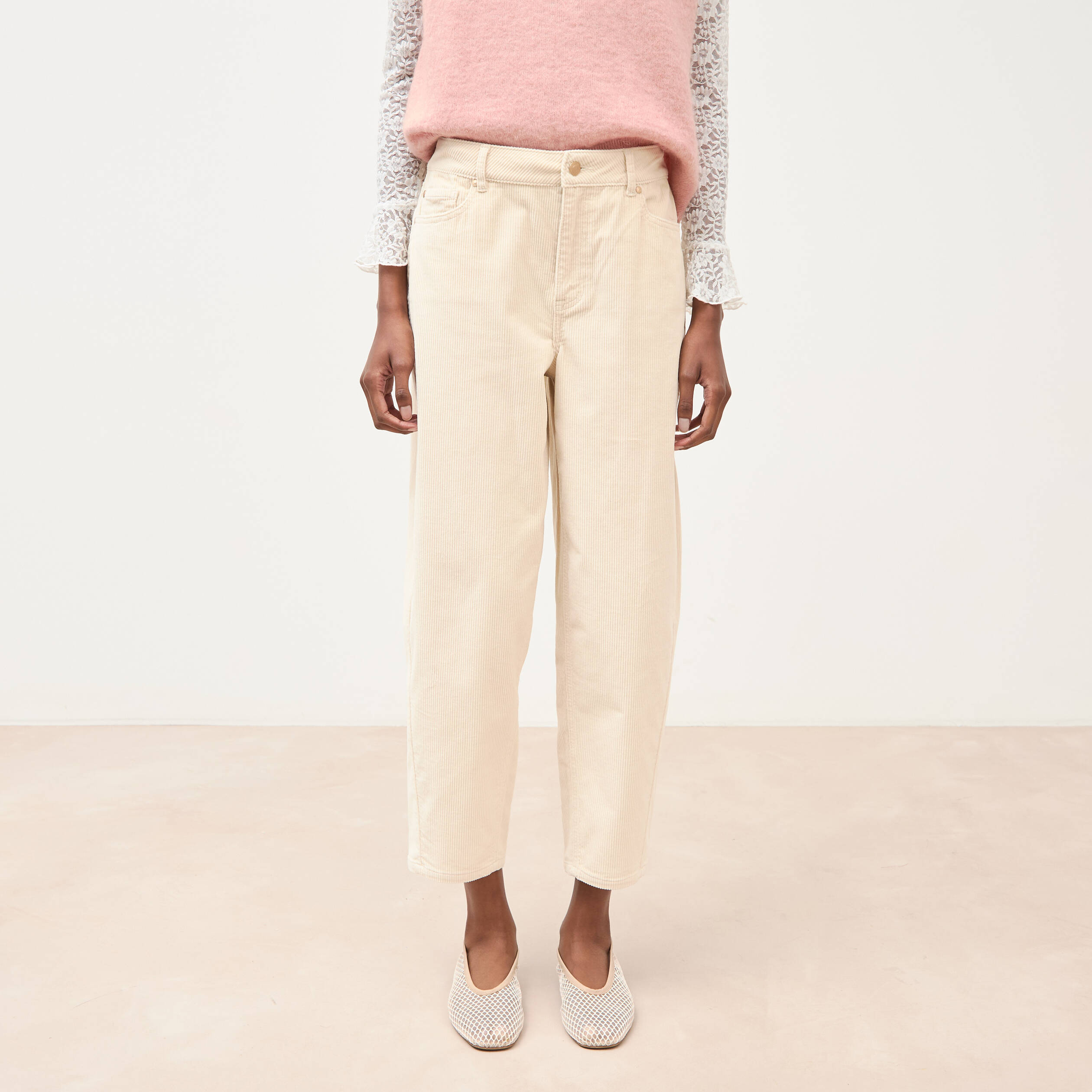 Pantalon barrel taille haute velours ivoire femme