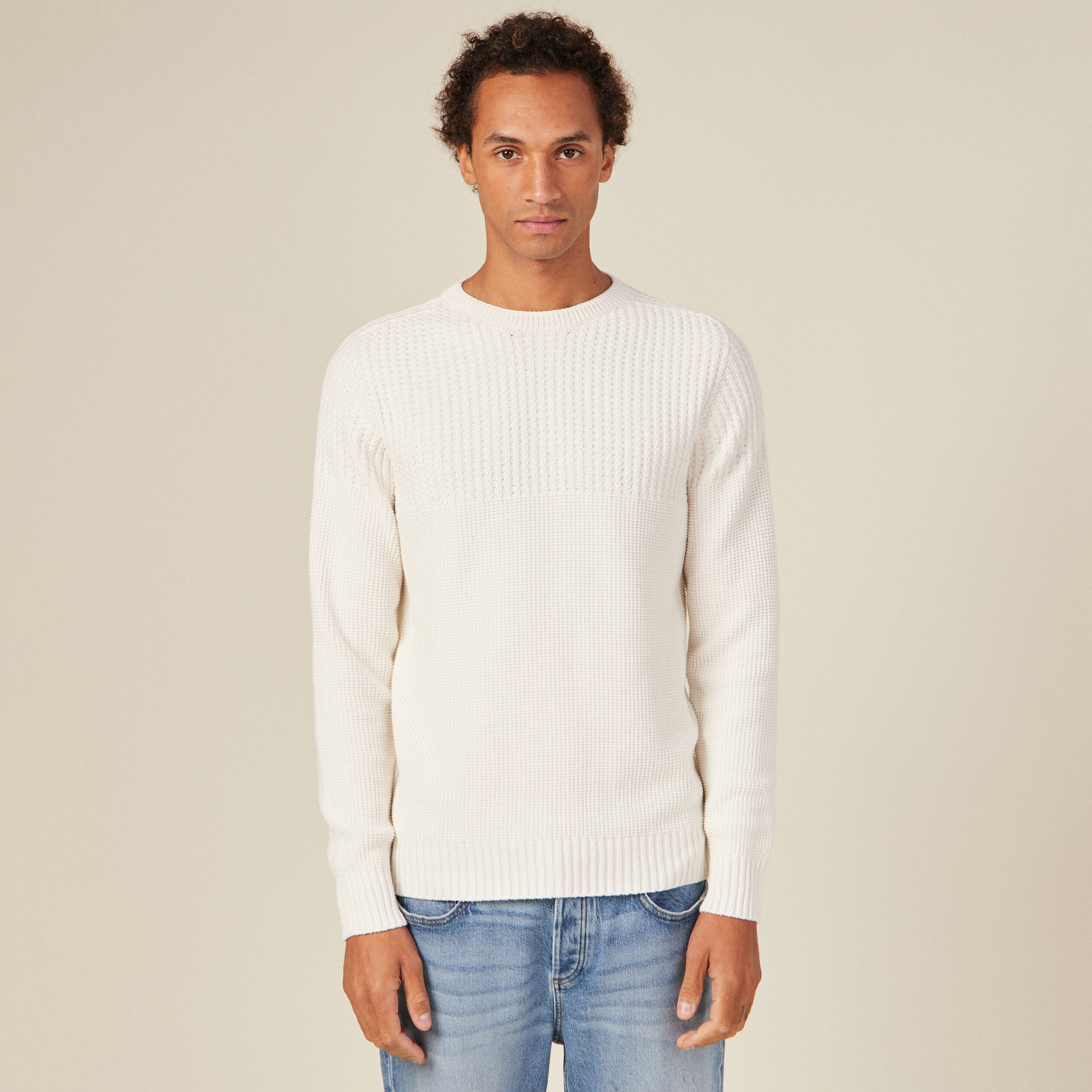 pull manches longues fabrique en france ecru homme Pull manches longues fabriqué en France ecru homme