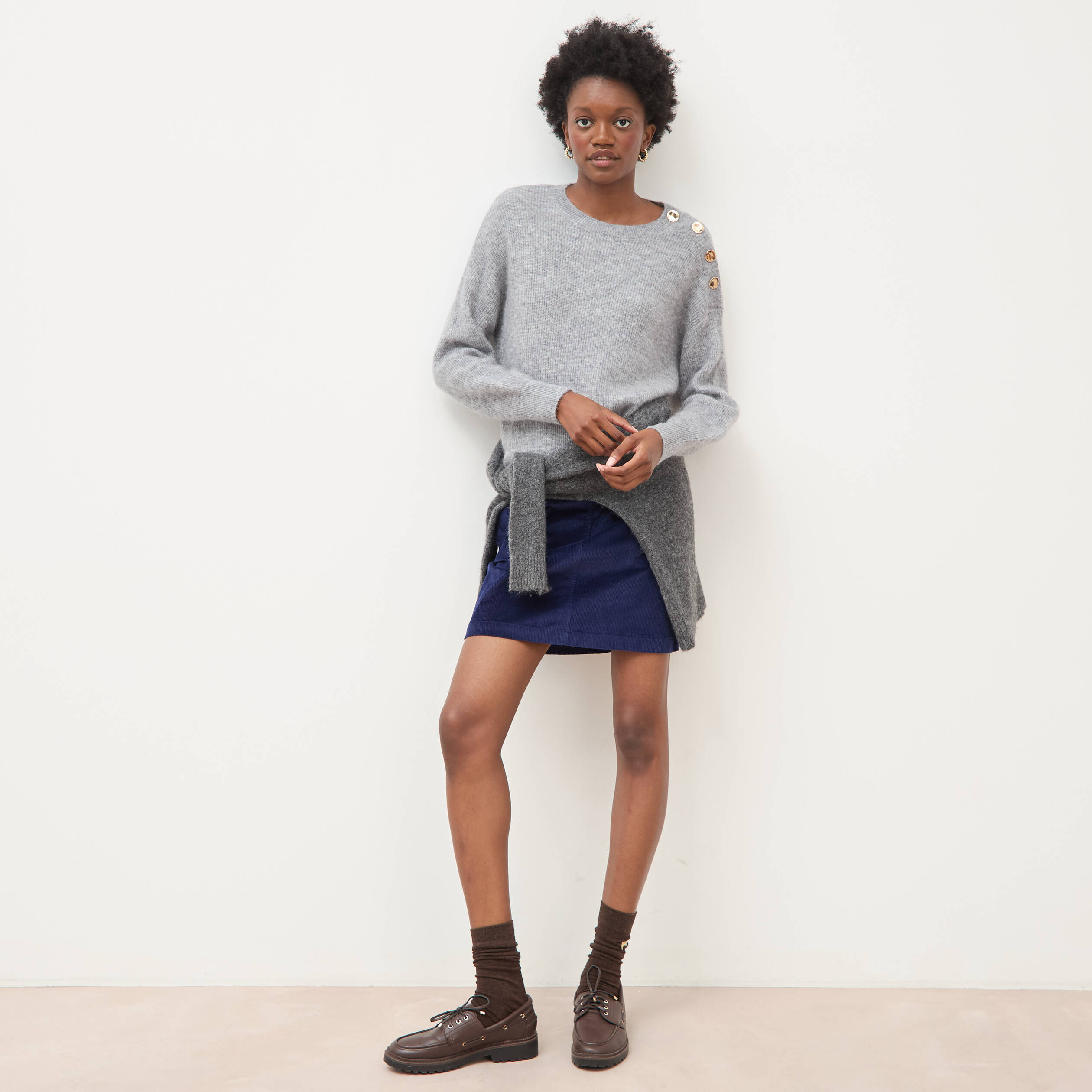 Pull droit col rond manches longues gris femme