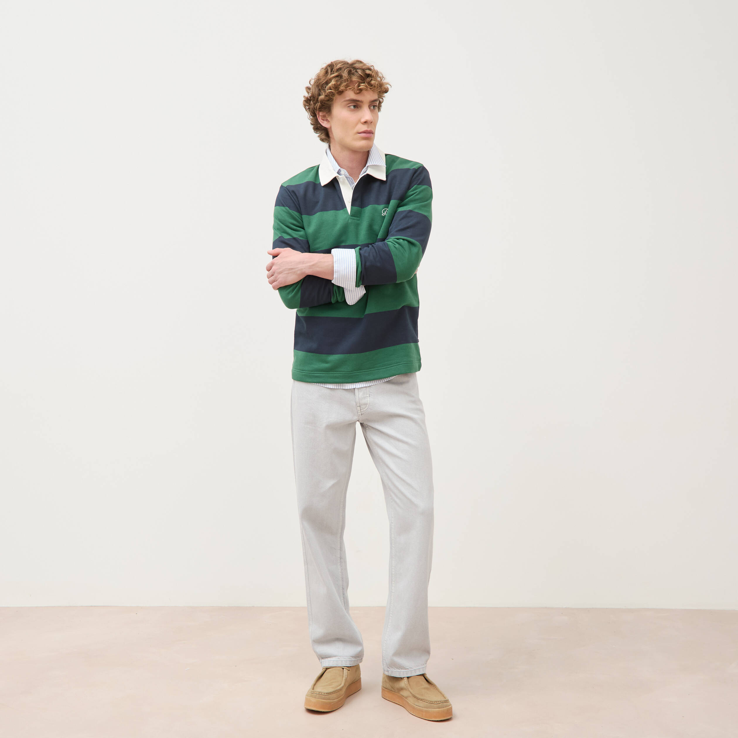 Polo manches longues broderie bleu marine homme